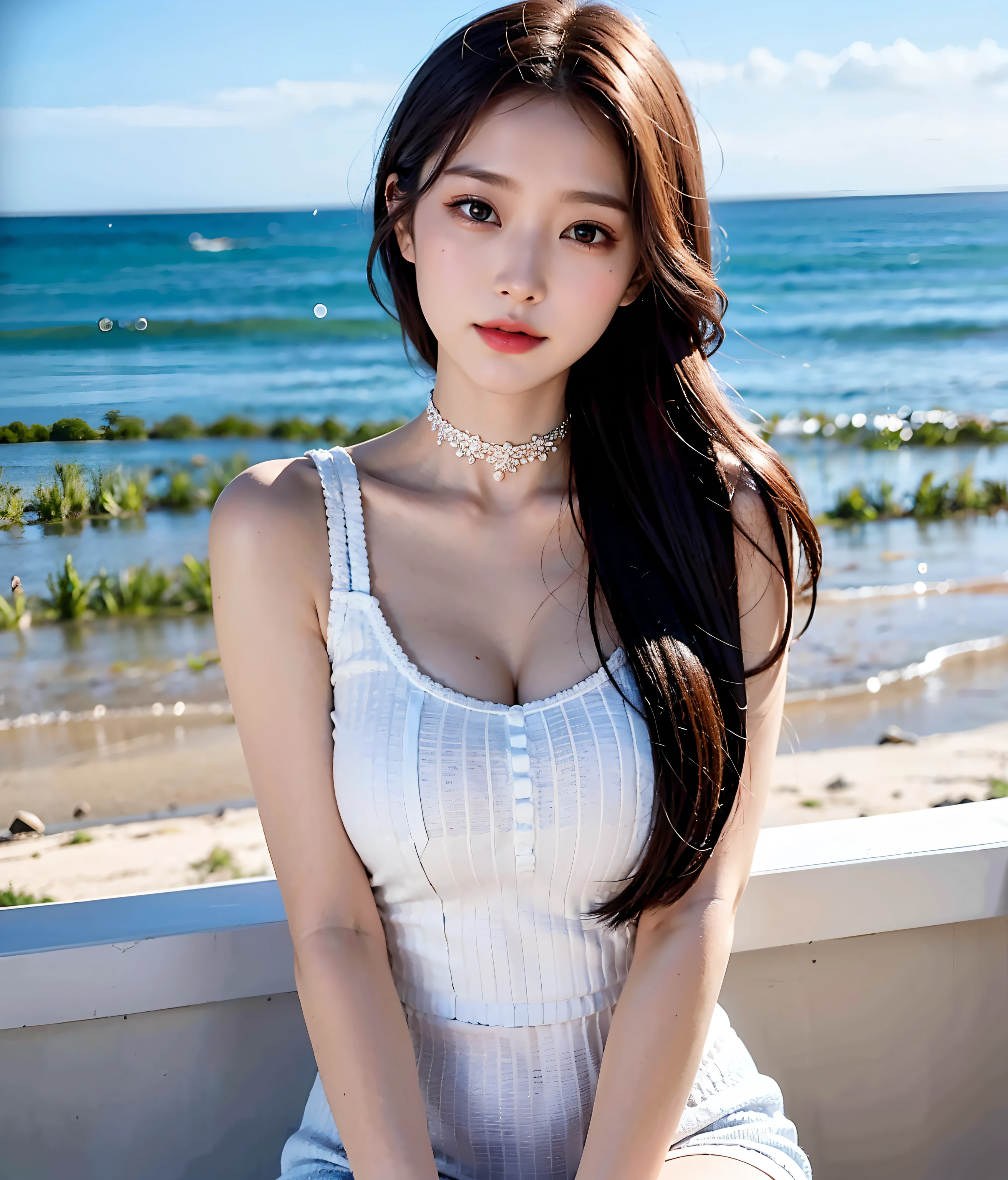 Arafe woman in black and white striped dress on the beach, beautiful korean woman, gorgeous young korean woman, gorgeous chinese model, korean girl, young cute gravure idol, beautiful young korean woman, beautiful asian girl, young and cute girl, say it vadilumrat, super detailed face,Big ,Sexy,Bare shoulders,full,