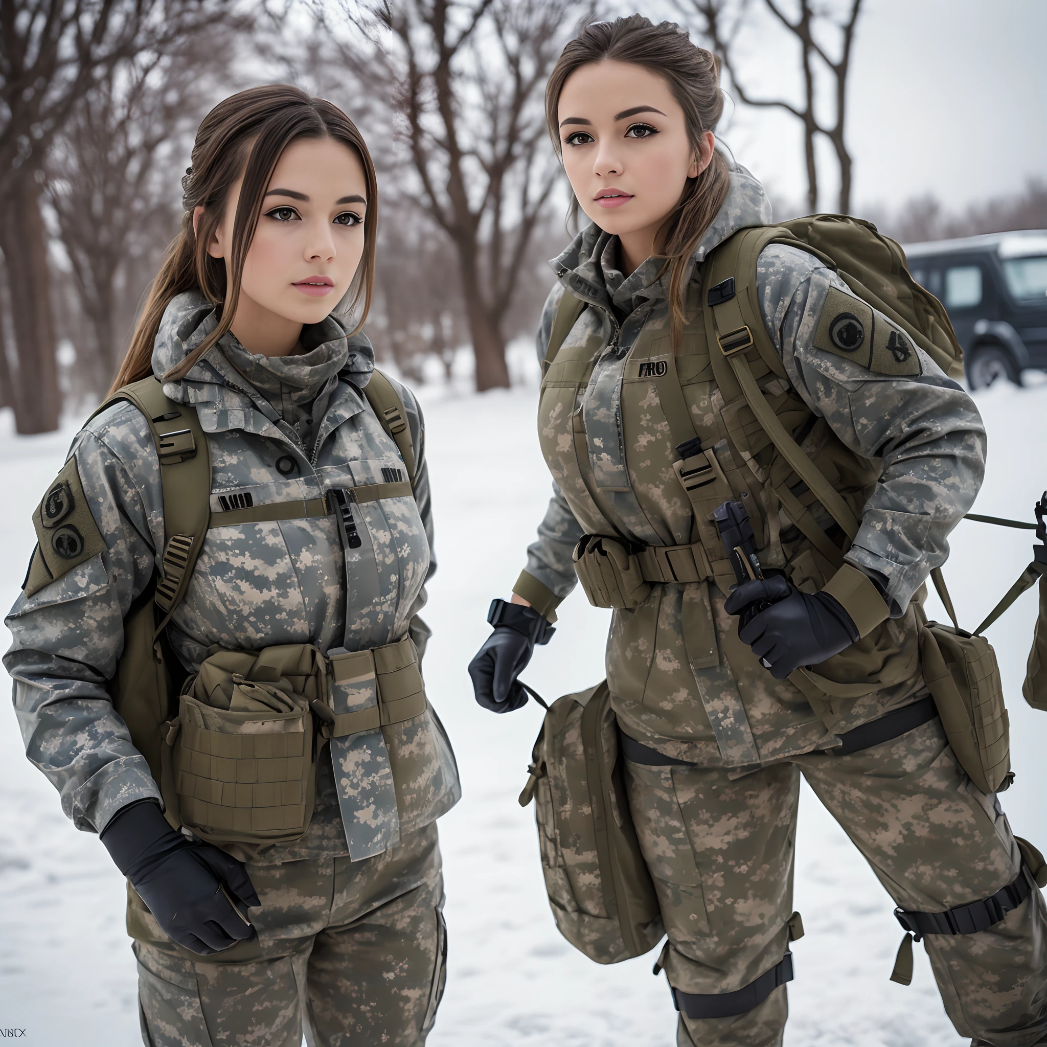 (Photorealistic), Beautiful lighting, Best Quality, Realistic, Full body portrait, real picture, Intricate details, depth of fields, 2girs and both are desperate to pee, and start to pee, hand between their legs leaving a dark wet spot in their crotch. In a cold blizzard, Very muscular soldier girls with a haircut, Fatigue of the army wearing winter camouflage, Camouflage Plate Carrier Rig, Combat gloves, (Magazine Pouch), (Kneepads), highly detailed, Perfect face, Blue eyes, Lips, wide hips, Small waist, tall, make up, Tactic, FUJI XT3, Outdoors, bright day, Beautiful lighting, Raw photo, 8K UHD, Film grain, ((Bokeh))