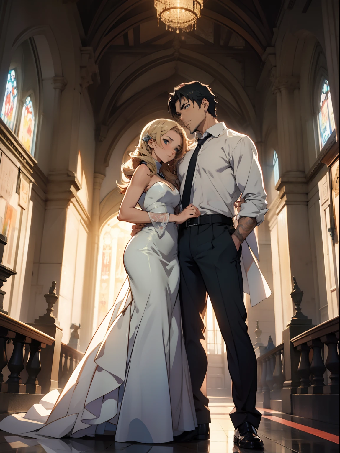 A man and a woman，Leaning together，anime figure，Beautiful，