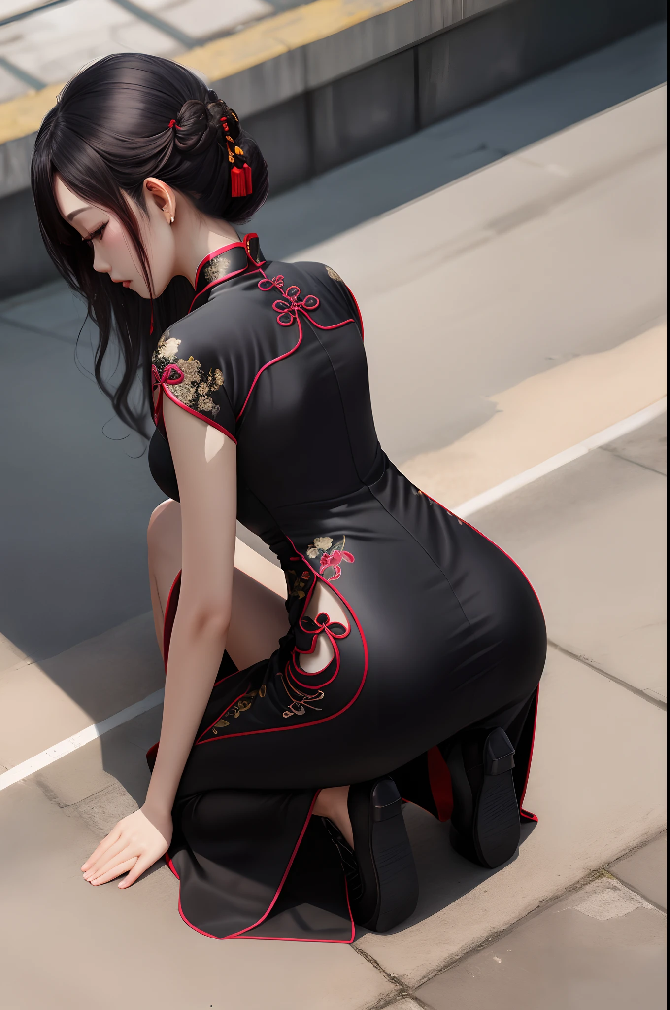 Black cheongsam beauty,High split end,Anterior convex and posterior,kneels on the ground,