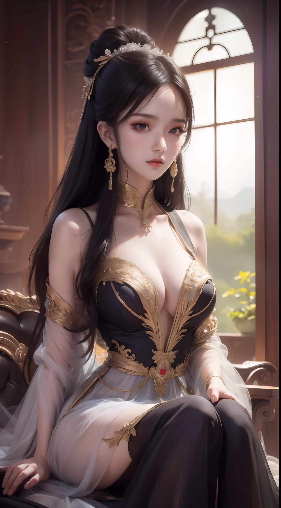 A girl，年轻，Black color hair，horse tailed，Wearing a white tulle dress，A layer of clothing，cleanness，Looming skin，Hanfu style，Exposed cleavage，D-cups，High quality white stockings，real silk，Raised sexy，inside in room，Sitting，独奏，best qualtiy，best illuminate，Highest high resolution，16k，Meticulous details，