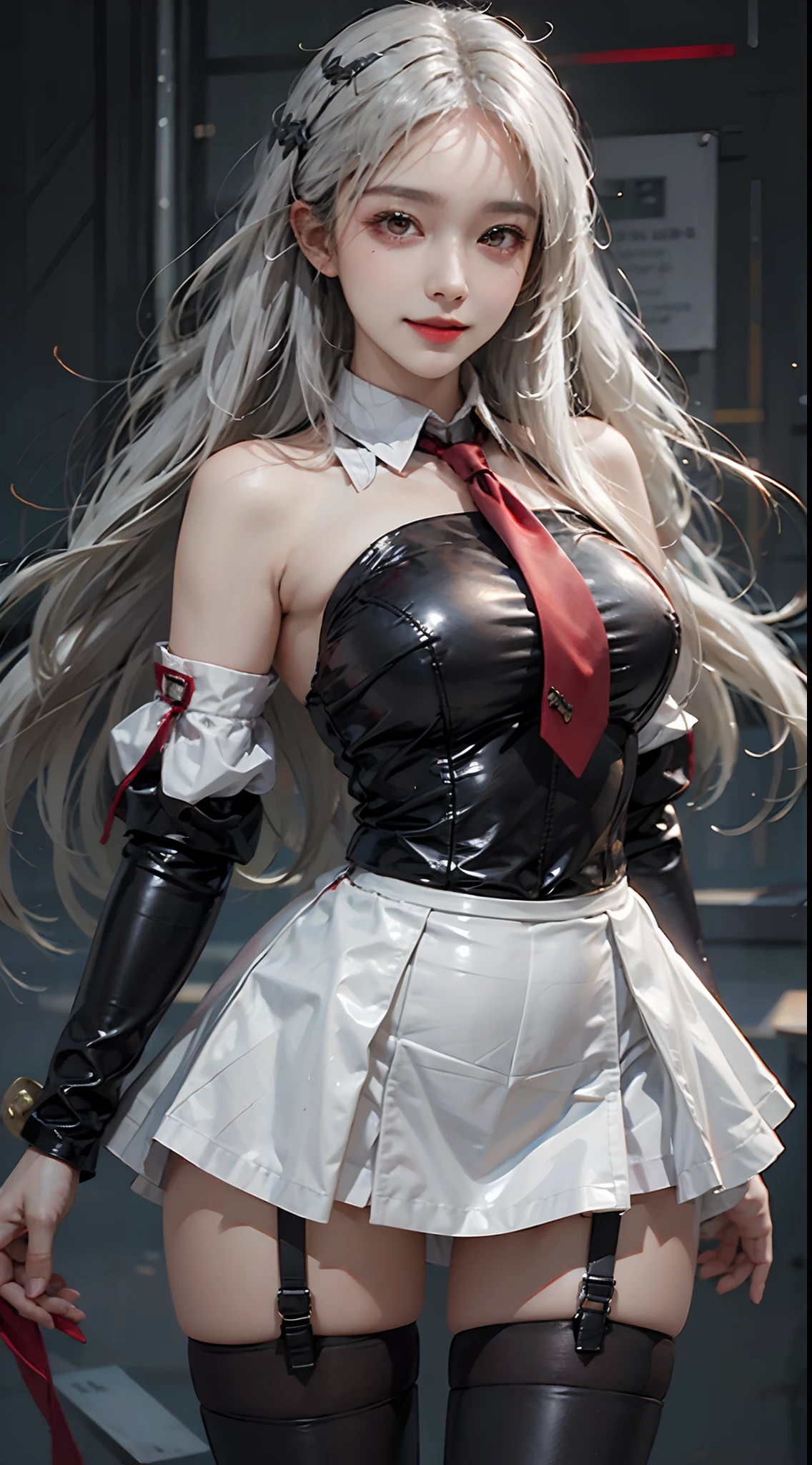 best quality, masterpiece, ultra high res, photorealistic, 1girl, smile, perfect face, beautiful face, beautiful eyes, ((perfect female body, narrow waist)), fantasy, dreamlike, unreal, science fiction,1girl,
masterpiece, best quality:1.2),illustration,8k,hd,1girl,solo,upper body,(portrait:1.2),very_long_hair,large_breasts,red_eyes,white_school_uniform,white_hair,necktie,red_necktie,skirt,bare_shoulders,boots,detached_sleeves,sleeveless,black_thighhighs,zettai_ryouiki,thigh_boots,garter_straps,