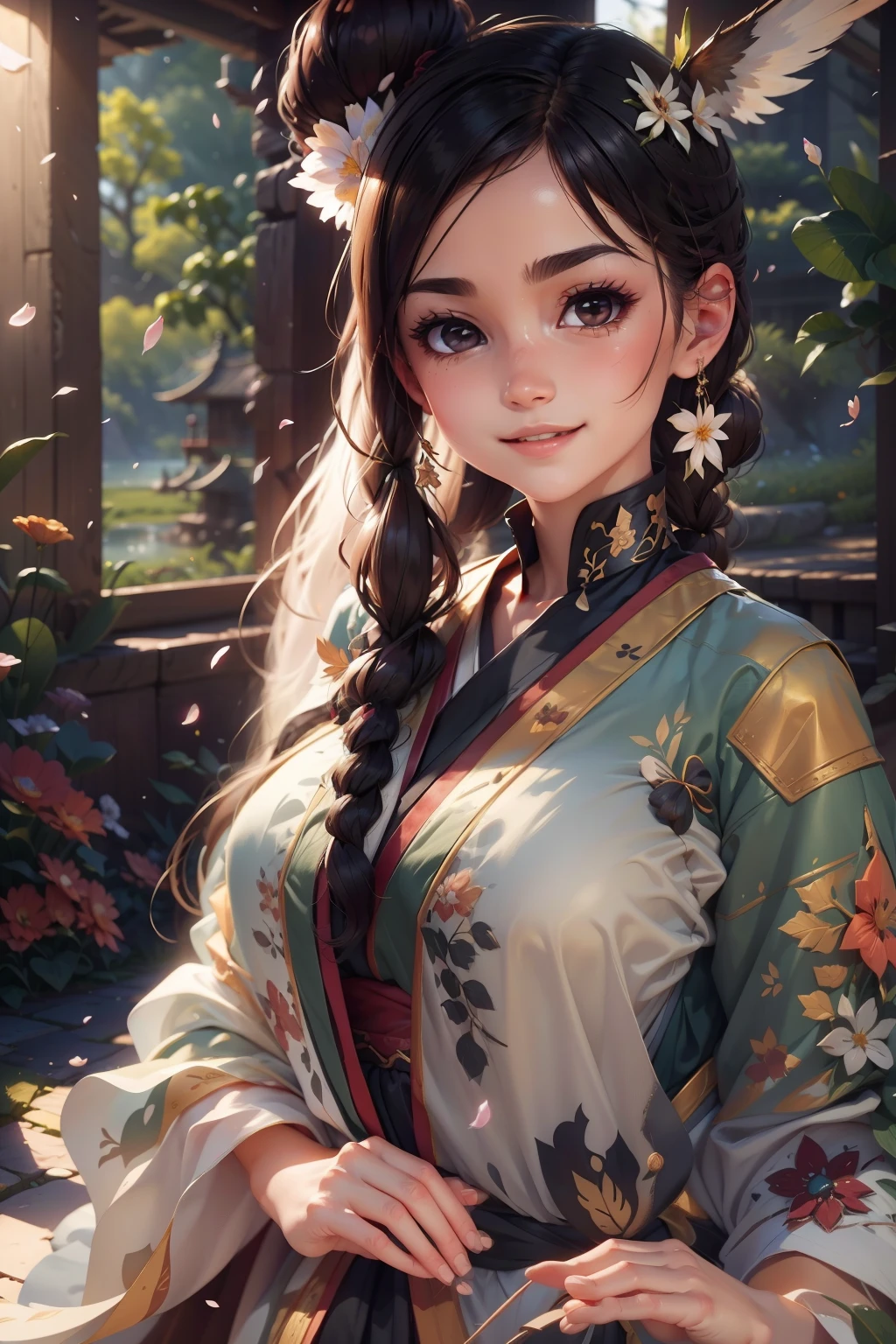 Kizi，Ink fairy，delicated，Light brown eyes，cabelos preto e longos，High ponytail，pigtails，Wings，Extreme light and shadow，Hanfu，palaces，Light，8k wallpaper，Master painting，petals，lakes，bow and arrows，grin，Black eyes，Swing， Perfect quality，Clear focus（Clutter - home：0.8）， （tmasterpiece：1.2） （realisticlying：1.2） （bokeh） （best qualtiy） （detailedskin：1.3） （complexdetails） （8K） （detailedeyes） （Sharp focus）,（having fun）