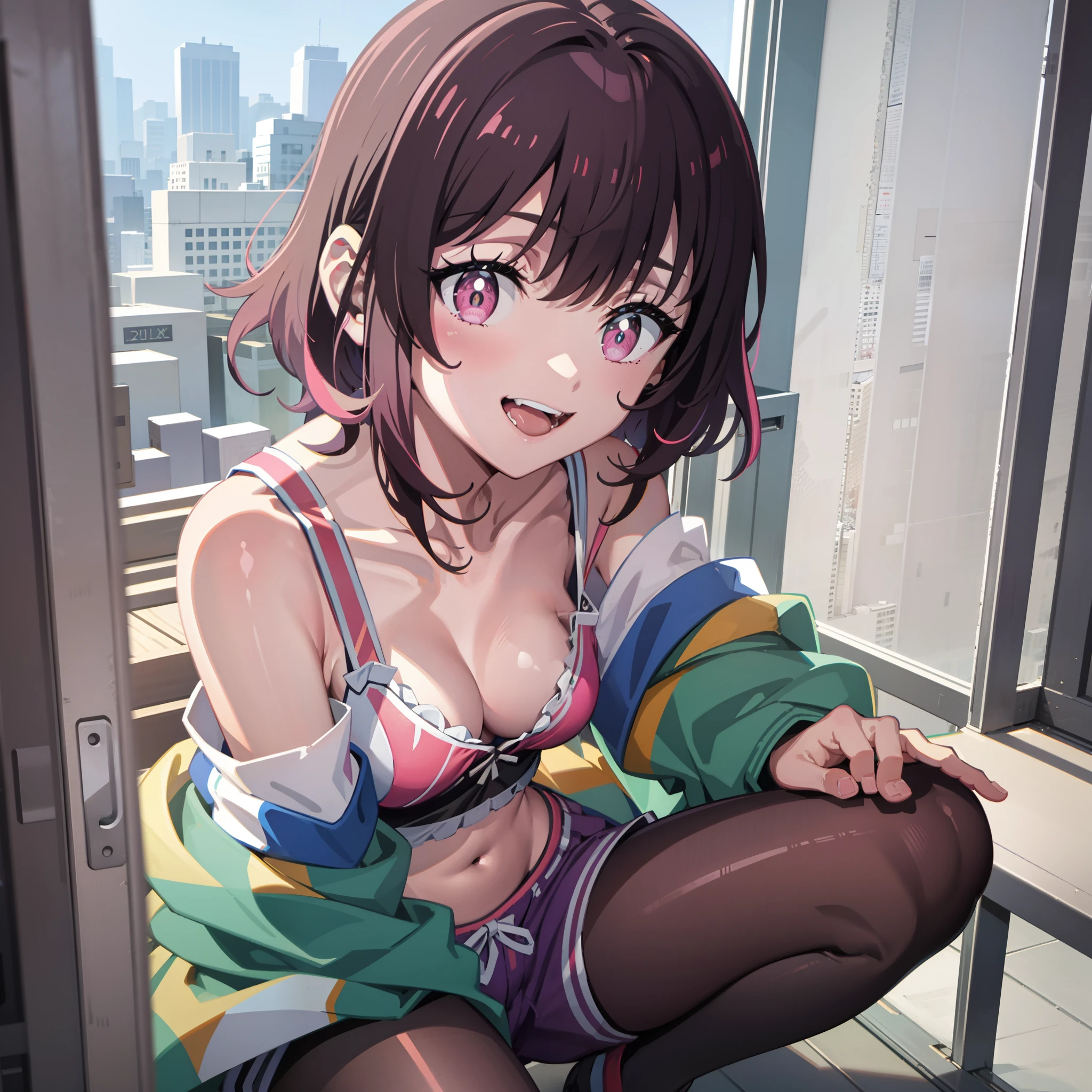 mikazuki shizuka, Masterpiece, best quality,ultra-detailed,1girl, beautiful, pink sport bra, pink shorts, look out the window, detailed eyes, detailed face, short Brown hair with a pink streak, medium breasts, Looking out a window in a tall building, black long pantyhose, masterpiece, best quality, highres, 1girl, solo, fang, skin fang, short hair, (mole on thigh:0.8), bangs, hair behind ear, purple eyes, hair ornament, open mouth, beach, smile, squatting, small chest, short height,  girl, flat chest, small, cleavage, ((bare shoulder)), exposed, loose shirt, navel, presenting armpit