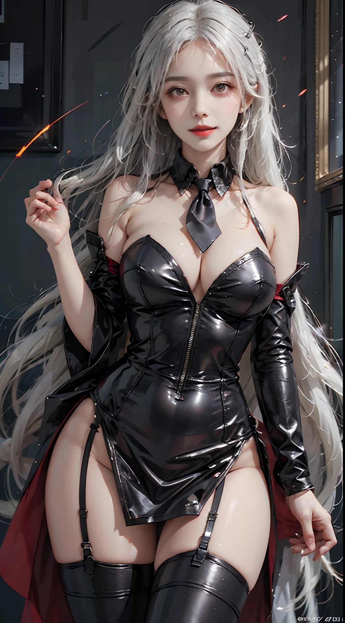 best quality, masterpiece, ultra high res, photorealistic, 1girl, smile, perfect face, beautiful face, beautiful eyes, ((perfect female body, narrow waist)), fantasy, dreamlike, unreal, science fiction,1girl,
masterpiece, best quality:1.2),illustration,8k,hd,1girl,solo,upper body,(portrait:1.2),very_long_hair,large_breasts,red_eyes,white_school_uniform,white_hair,necktie,red_necktie,skirt,bare_shoulders,boots,detached_sleeves,sleeveless,black_thighhighs,zettai_ryouiki,thigh_boots,garter_straps,