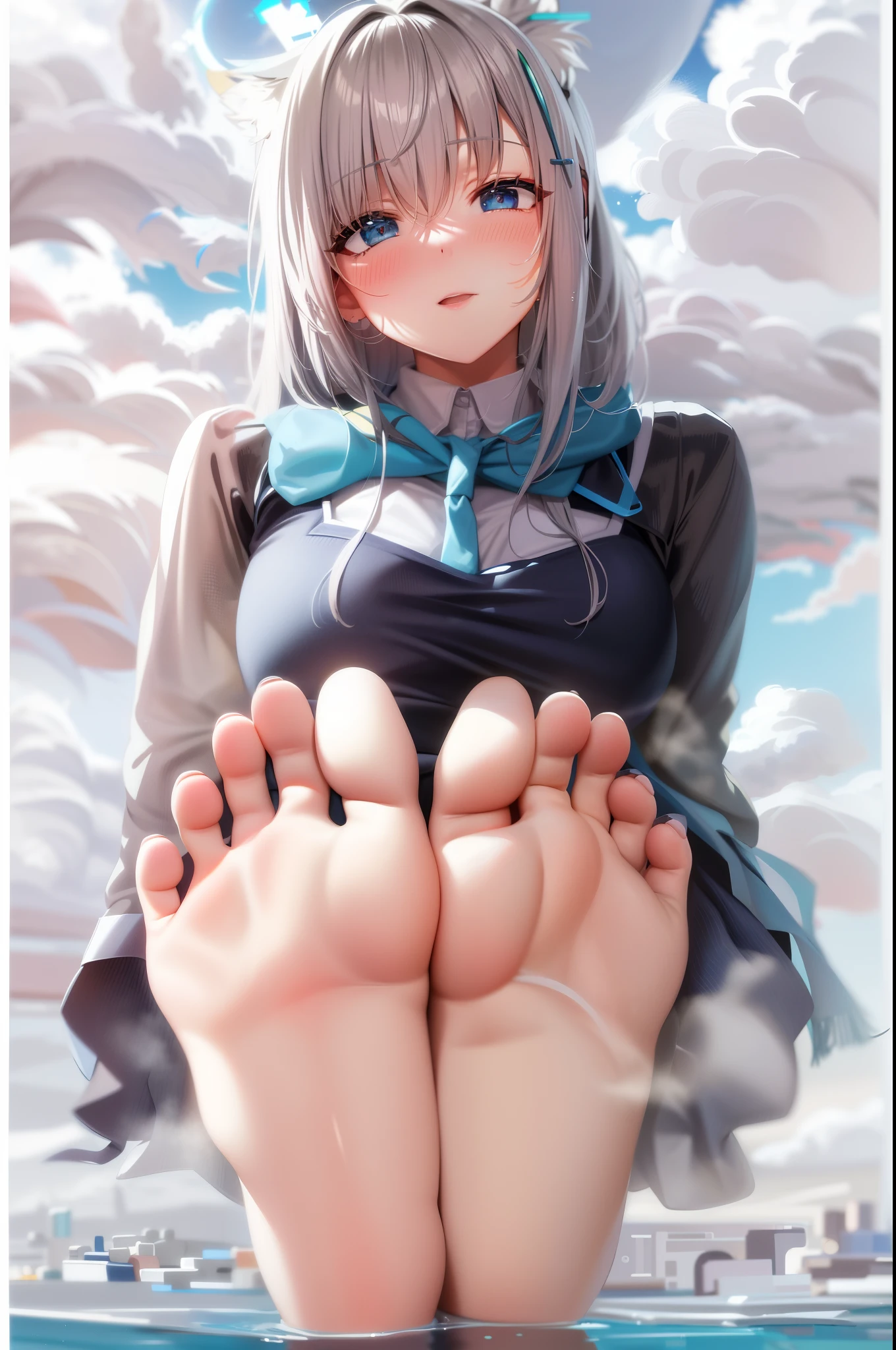 shiroko \(Blue Archive\),school uniform,Scarf,tiese, A high resolution,Masterpiece, Best quality, Portrait, Close-up, Masterpiece,A high resolution,Best quality,8K,Close-up of feet