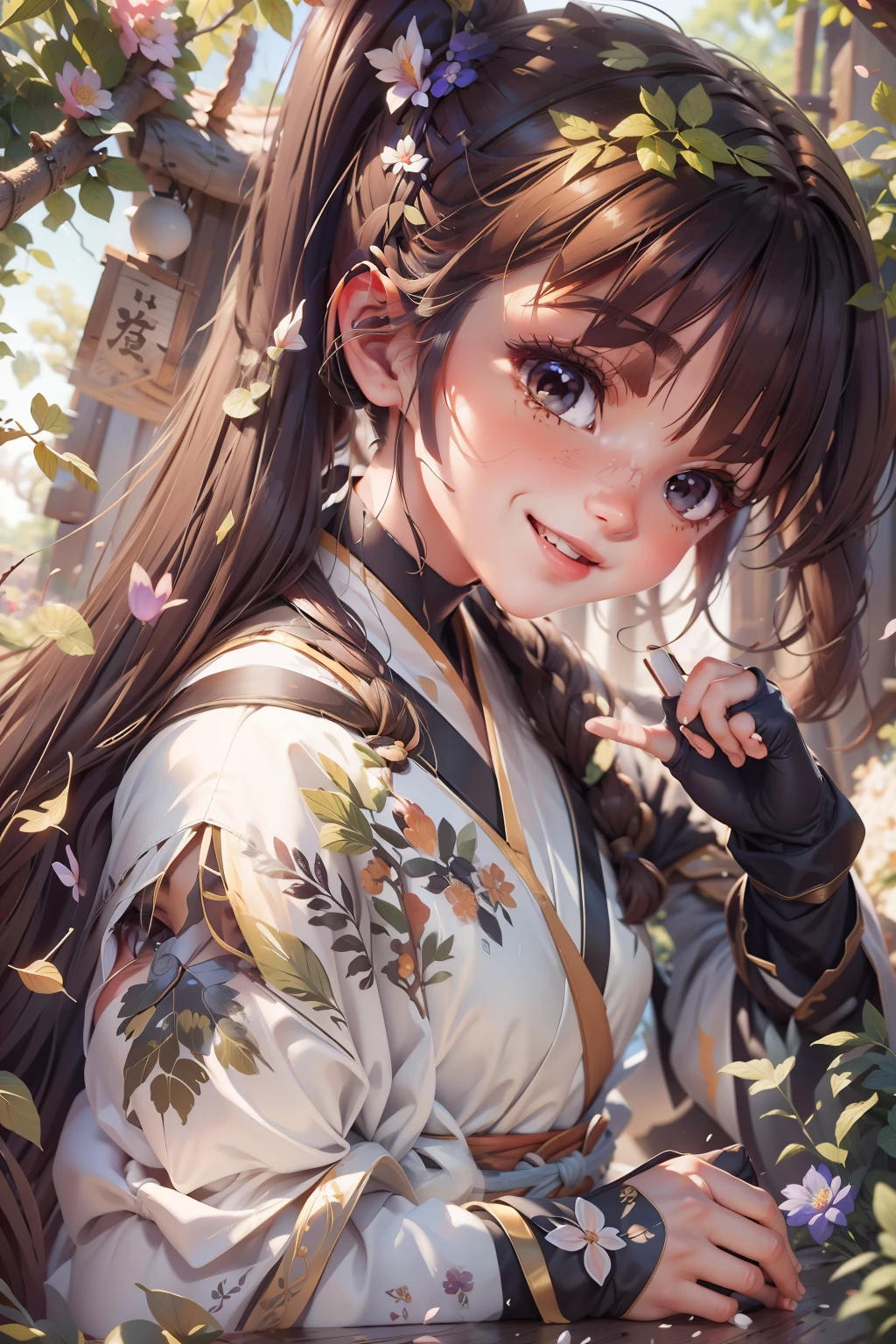 Kizi,Ink fairy,delicated,Light brown eyes,cabelos preto e longos,High ponytail,pigtails,Wings,Extreme light and shadow,Hanfu,palaces,Light,8k wallpaper,Master painting,petals,lakes,bow and arrows,grin,Black eyes,Swing, Perfect quality,Clear focus(Clutter - home:0.8), (tmasterpiece:1.2) (realisticlying:1.2) (bokeh) (best qualtiy) (detailedskin:1.3) (complexdetails) (8K) (detailedeyes) (Sharp focus),(having fun)