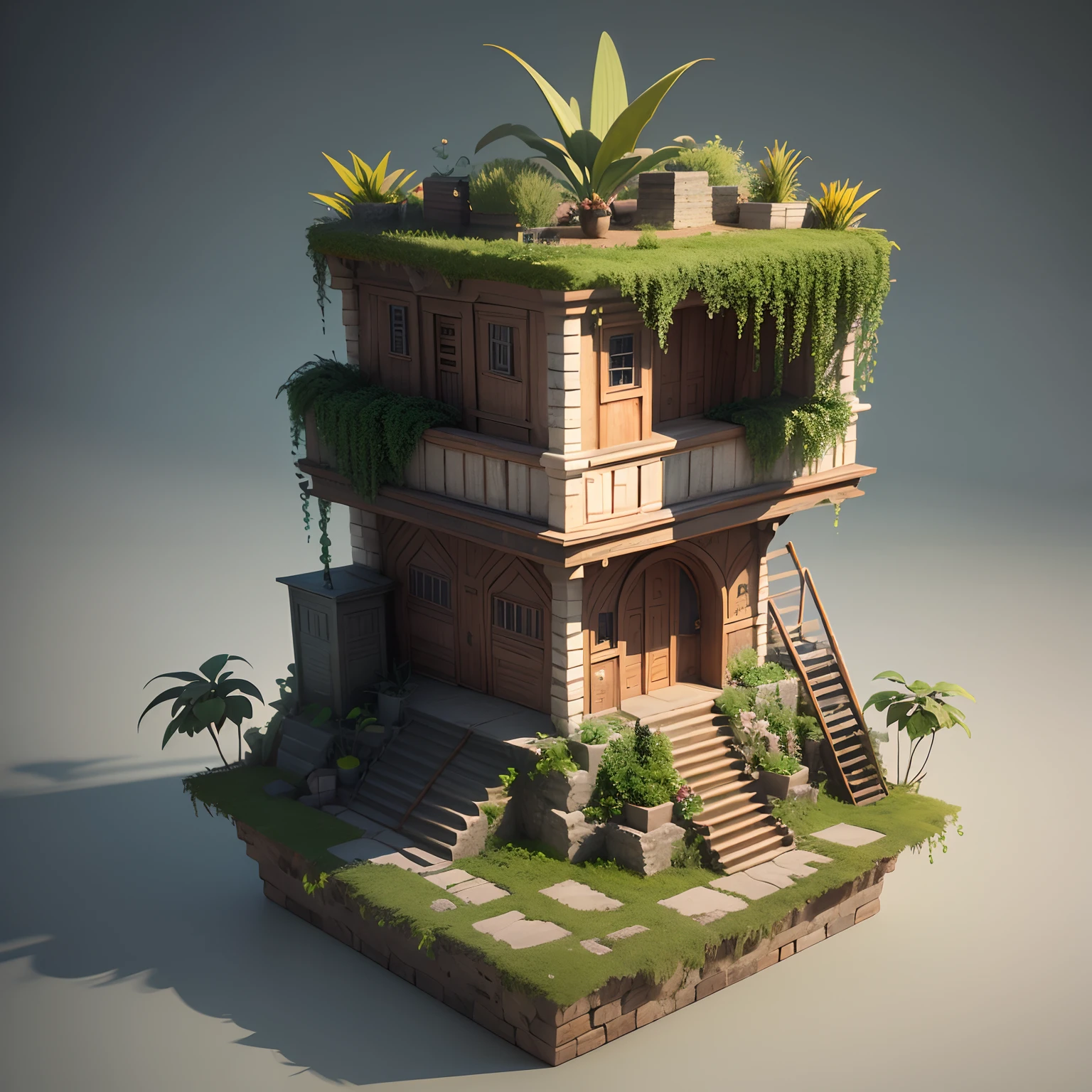 3d render of a stunning Miniature cute Mayan lost kingdom with climbing plants, high detail, high quality sense,Premium studio light,Blender, Lumio, Arnold, 8k, hd, hq