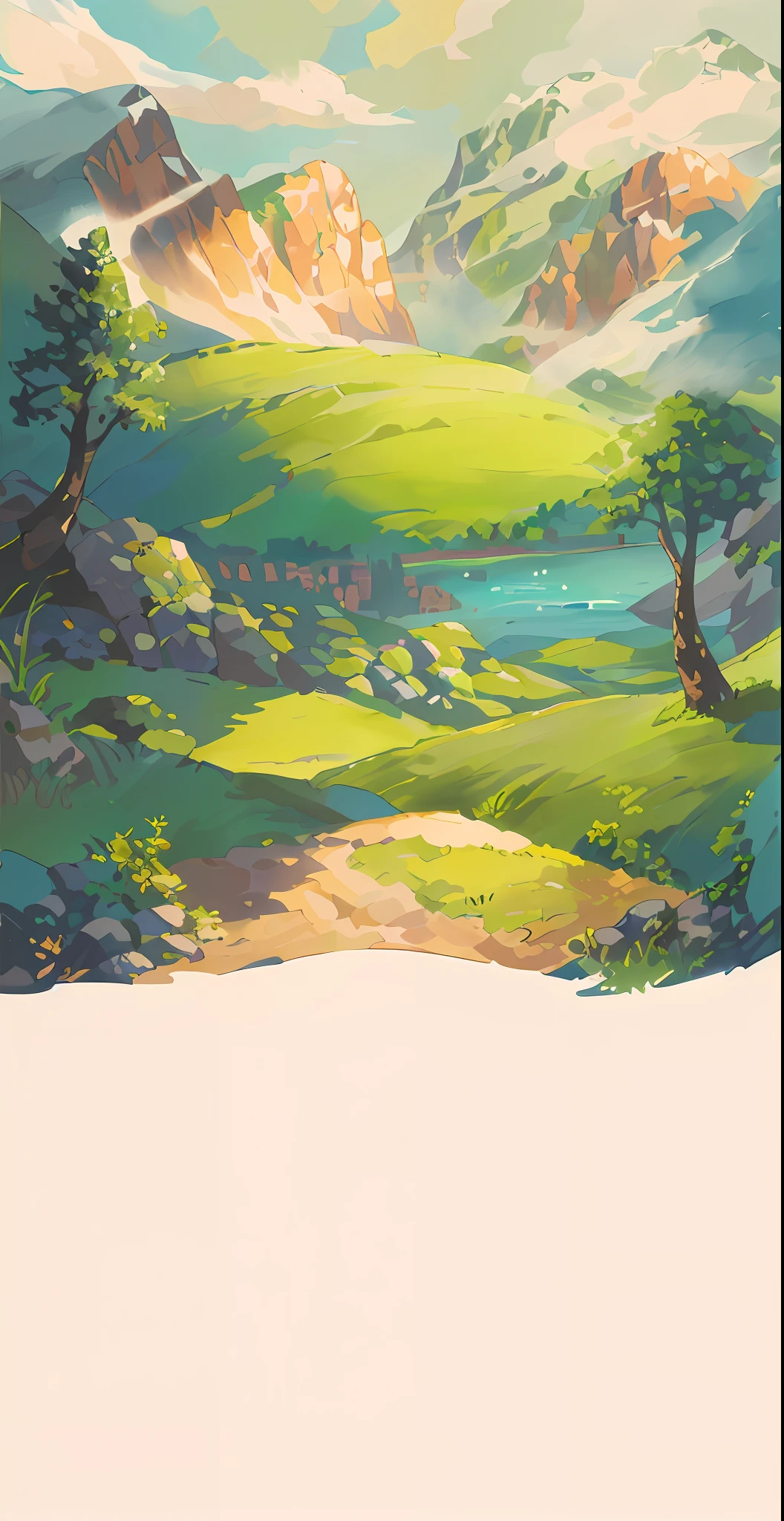 Beautiful mountain landscape with cartoon illustration of river and trees, arte de fundo, Mobile game background, background artwork, Island background, background jungle, 2 D game art background, desert oasis background, distant village background, fairy tale style background, jungle backdrop, Mobile game art, jungle background with ruins, natural landscape background, Landscape background, game background