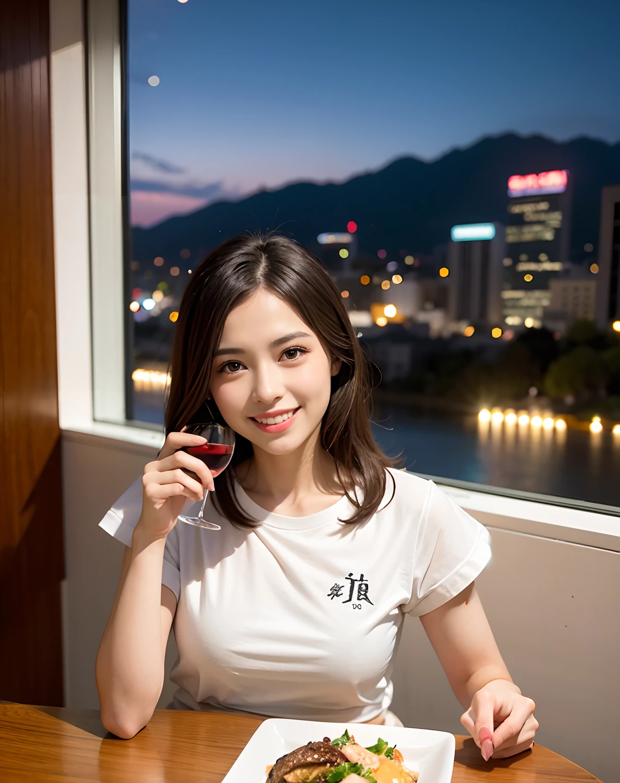 Change to a T-shirt with French sleeves。Put the wine glass on the table。