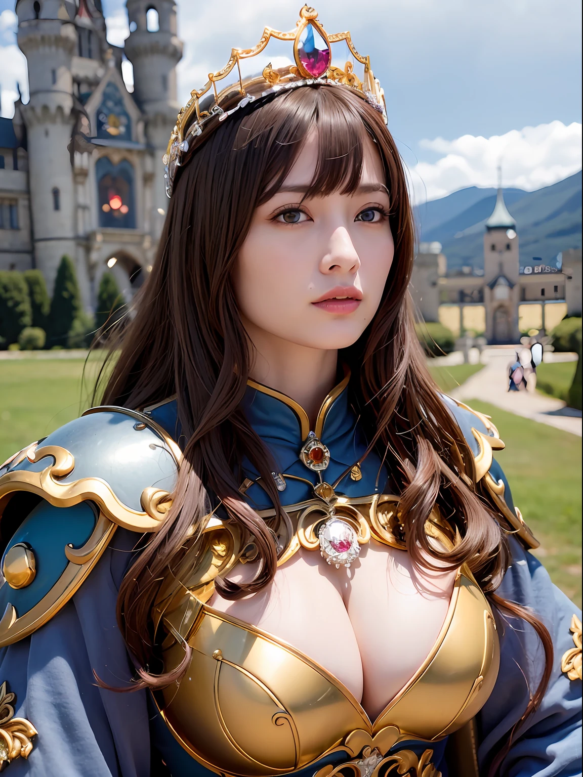 Professional , masterpiece、top-quality、photos realistic , depth of fields (Gemstone Silver Metal Body:1.9),(Matte Silver、Jewel Gold Weapon、(Gorgeous castle background)、(Jewel White Metal Body:1.4),(Gorgeous Jewel Metal Weapons) , (Hold the detailed sword of the hero) ,(,close-up,dream magical,tornado ) ,warhammer 40k , adepta sororitas,Detail and ornate jewel crown、Brown hair、(Gangle's forest background)、1a person、dynamic ungle,(((Diamond tiara with detail and luxury)))、a small face、A smile、Powerful poses、(Gorgeous castle background)、huge filesize、20 year old beautiful woman、Stand in the center of the screen、Thin female fingers、Straight long hair、Beautiful Caucasian beauty、Mystical expression、Lightly open your mouth、,Luminescent particles,light scattering,Tindall Effect、cleavage of the breast、
