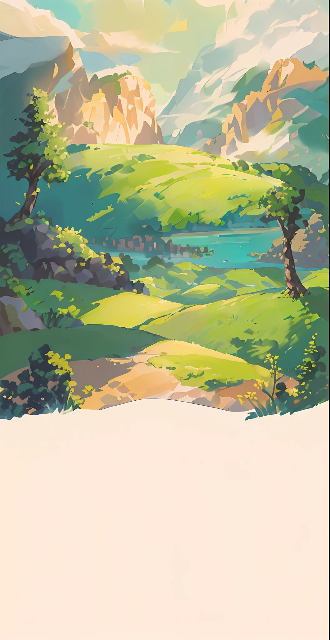 Beautiful mountain landscape with cartoon illustration of river and trees, arte de fundo, Mobile game background, background artwork, Island background, background jungle, 2 D game art background, desert oasis background, distant village background, fairy tale style background, jungle backdrop, Mobile game art, jungle background with ruins, natural landscape background, Landscape background, game background