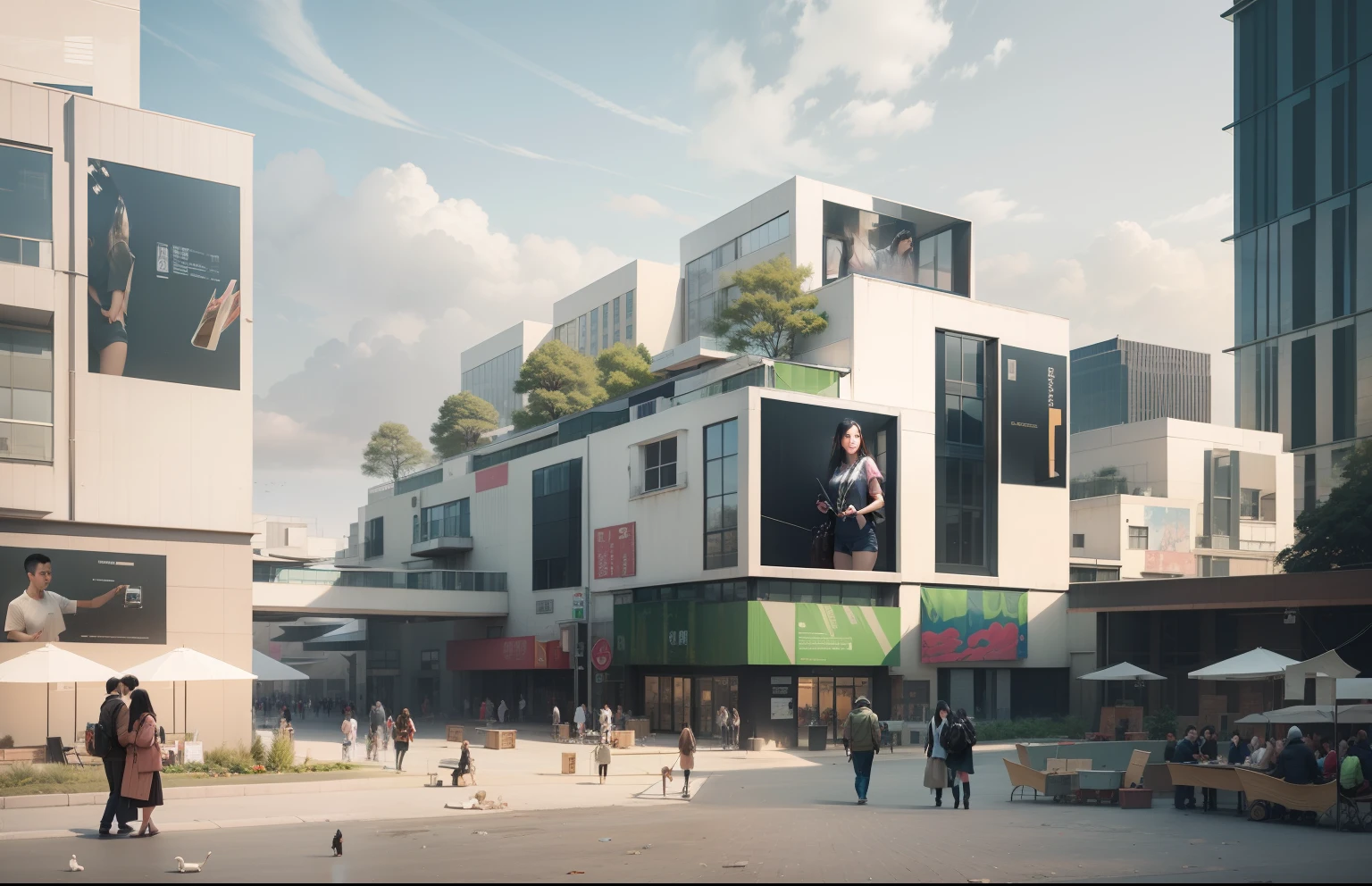 Rendering of a large building,Lots of people walking around, artistation render, mantra rendering, mid view, mixed development, feng zhu |, artist impression, hyper realisitc, artist impression, hyperrealistic”, hyperrealistic ”, by Ni Yuanlu, Hyper-realistic, hyper - realistic, precise architectural rendering, artistic impression, conceptual rendering