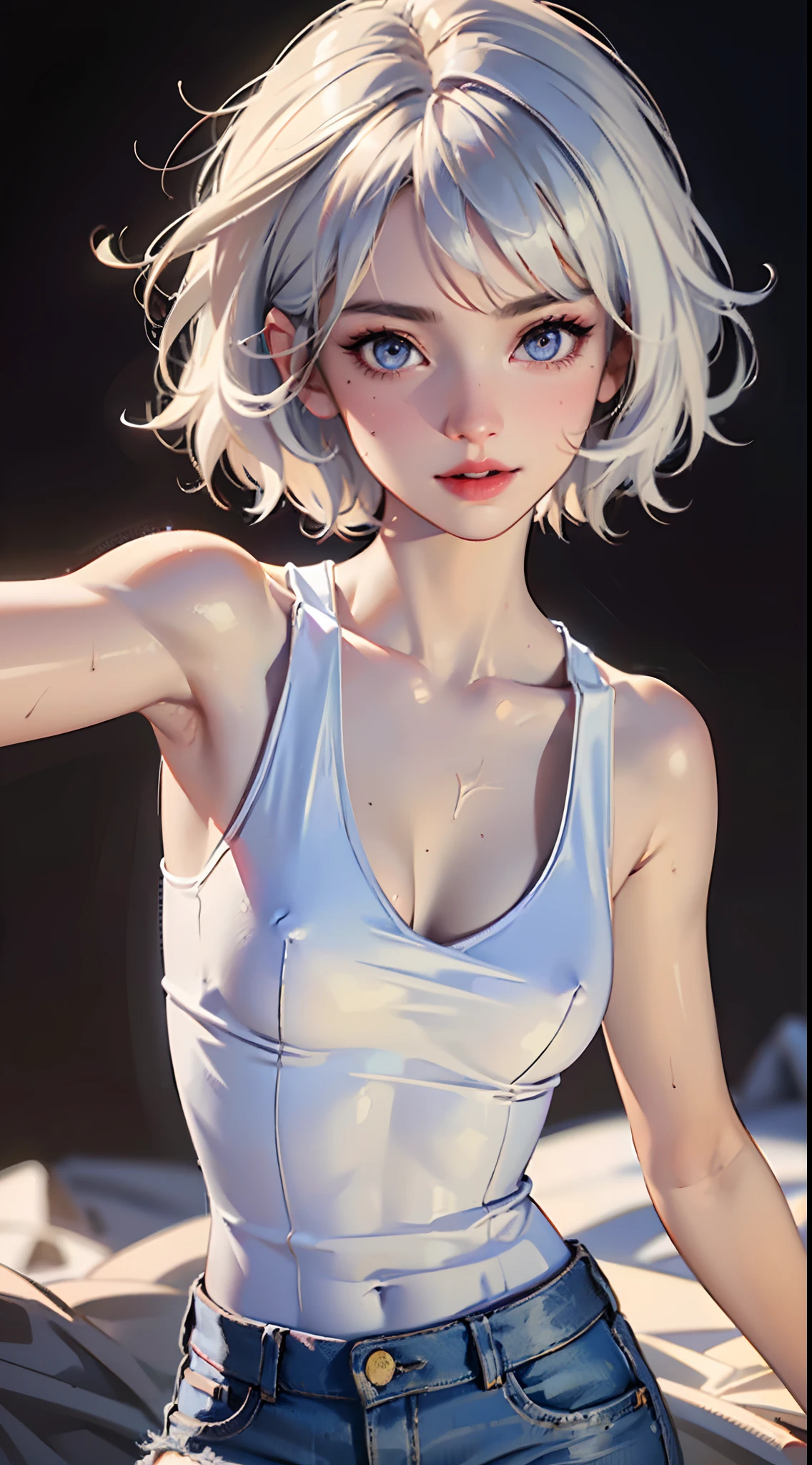 ((((masterpiece, best quality, high resolution)))), Extremely detailed 8K, Beautiful girl with slender body, (Ultra HD, Ultra-detailed, Highly detailed, Highly realistic, Ultra-realistic, photograph realistic), (1girl:1.5), (Realistic white hair), short wavy hair, bob cut, (dynamic poses), facing at camera, light smile, purple eyes, average breasts, (beautiful detailed face, beautiful detailed eyes), (white tank top, thin material), cleavage, dark jean shorts, glow, sweat, (sunbeam, sunlight)