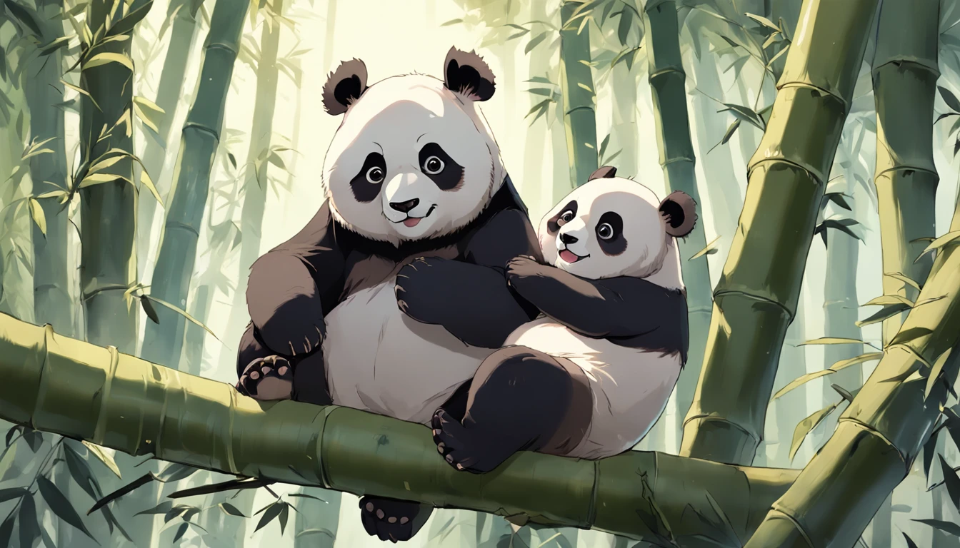 "Perched on panda bear trees,Leaves and branches flutter,Cute giant panda,highly detailed digital painting,Beautiful panda,Works by Yang Jie,Cartoon animal portrait,In the bamboo forest,Directed by Liang Kai,beautiful detailed digital art,Ni Tian's works,high quality digital painting,perfect brown eyes,Smile with bamboo and leaves。"