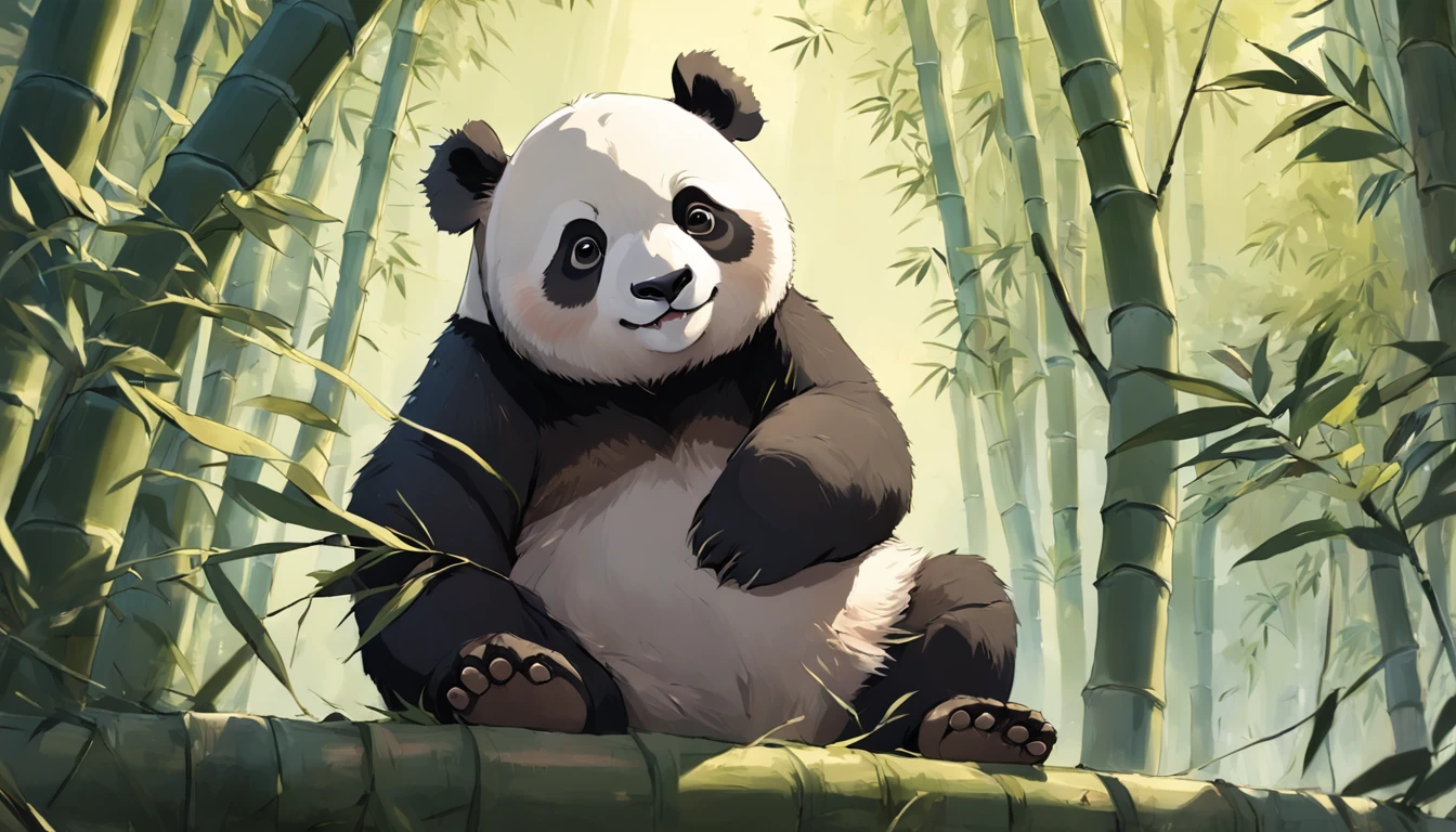 "Perched on panda bear trees,Leaves and branches flutter,Cute giant panda,highly detailed digital painting,Beautiful panda,Works by Yang Jie,Cartoon animal portrait,In the bamboo forest,Directed by Liang Kai,beautiful detailed digital art,Ni Tian's works,high quality digital painting,perfect brown eyes,Smile with bamboo and leaves。"