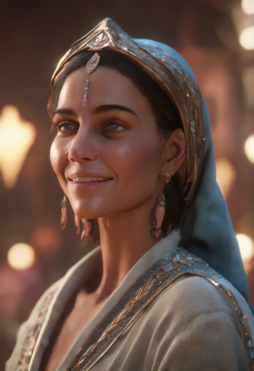 Side view,Persian woman, Smile: smooth soft skin, Symmetrical, Natural skin texture, Soft lighting, Detailed face, Has perfect blue eyes:1 Photorealism, soft pastel colors sparkling, looking at the camera in, photorealistic paintings, Sharp focus, 8K, Perfectcomposition, trending on artstationh, an award winning photograph, Unreal Engine 5, cinematic smooth, intricately details, studio photo, Highly detailed. Simple background.