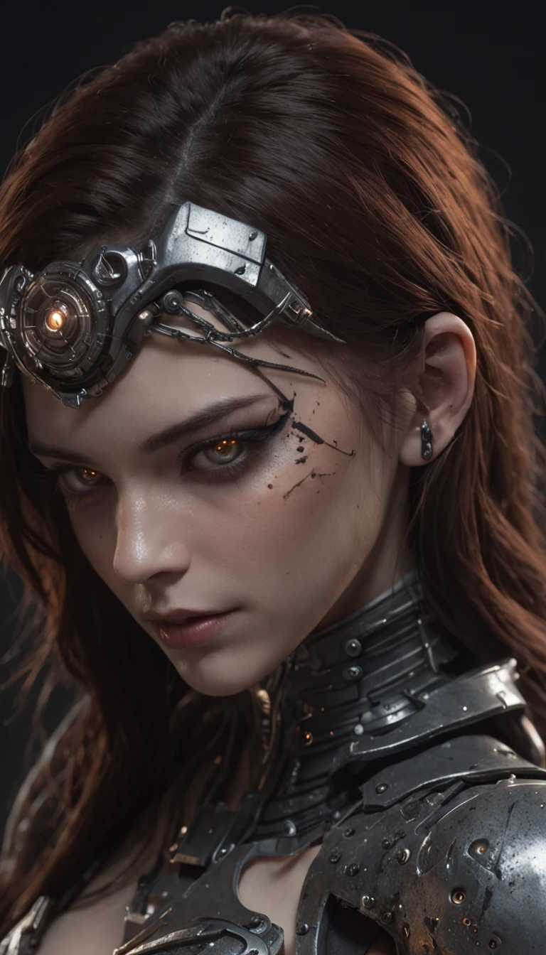 Beautiful cyborg warrior woman in rusty magic style, cyberpunk augmentation, Cyber Software, Cyborg, carbon fibers, Chrome, Implants, metal skull, Cyber plate armor, (Dark atmosphere:1.2), (Mist & Smoke), (It's Dark Night:1.3), the scars, (dark medium length disheveled hair:1.1), (eye shadows:1.1), (beautifully detailed glow:1.2), (Cinematic lighting), intricately details, A high resolution, Rounded eyes, Detailed facial features, sharp-focus, smooth, Aesthetic, Detailed dark background of industrial plant, Stylish pose, dynamicposes, (dramapaint)