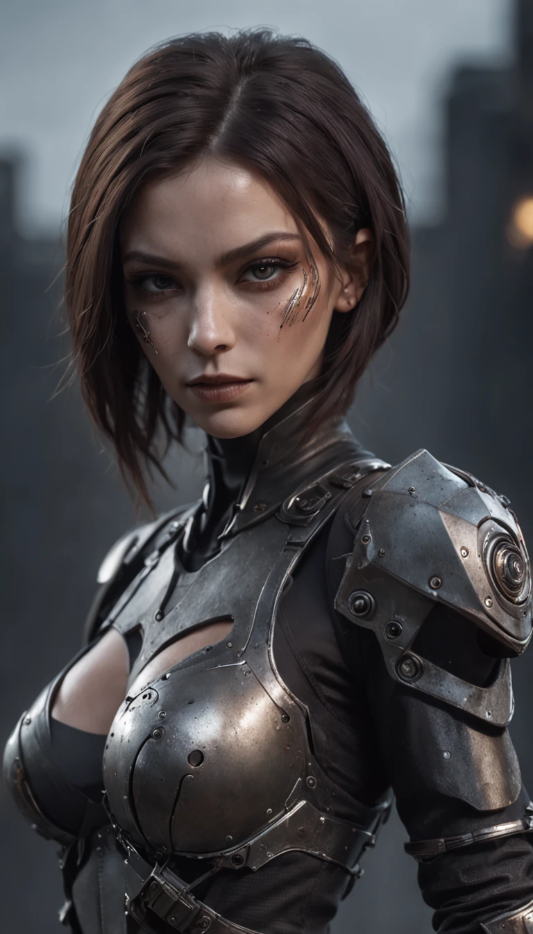 Beautiful cyborg warrior woman in rusty magic style, cyberpunk augmentation, Cyber Software, Cyborg, carbon fibers, Chrome, Implants, metal skull, Cyber plate armor, (Dark atmosphere:1.2), (Mist & Smoke), (It's Dark Night:1.3), the scars, (dark medium length disheveled hair:1.1), (eye shadows:1.1), (beautifully detailed glow:1.2), (Cinematic lighting), intricately details, A high resolution, Rounded eyes, Detailed facial features, sharp-focus, smooth, Aesthetic, Detailed dark background of industrial plant, Stylish pose, dynamicposes, (dramapaint)
