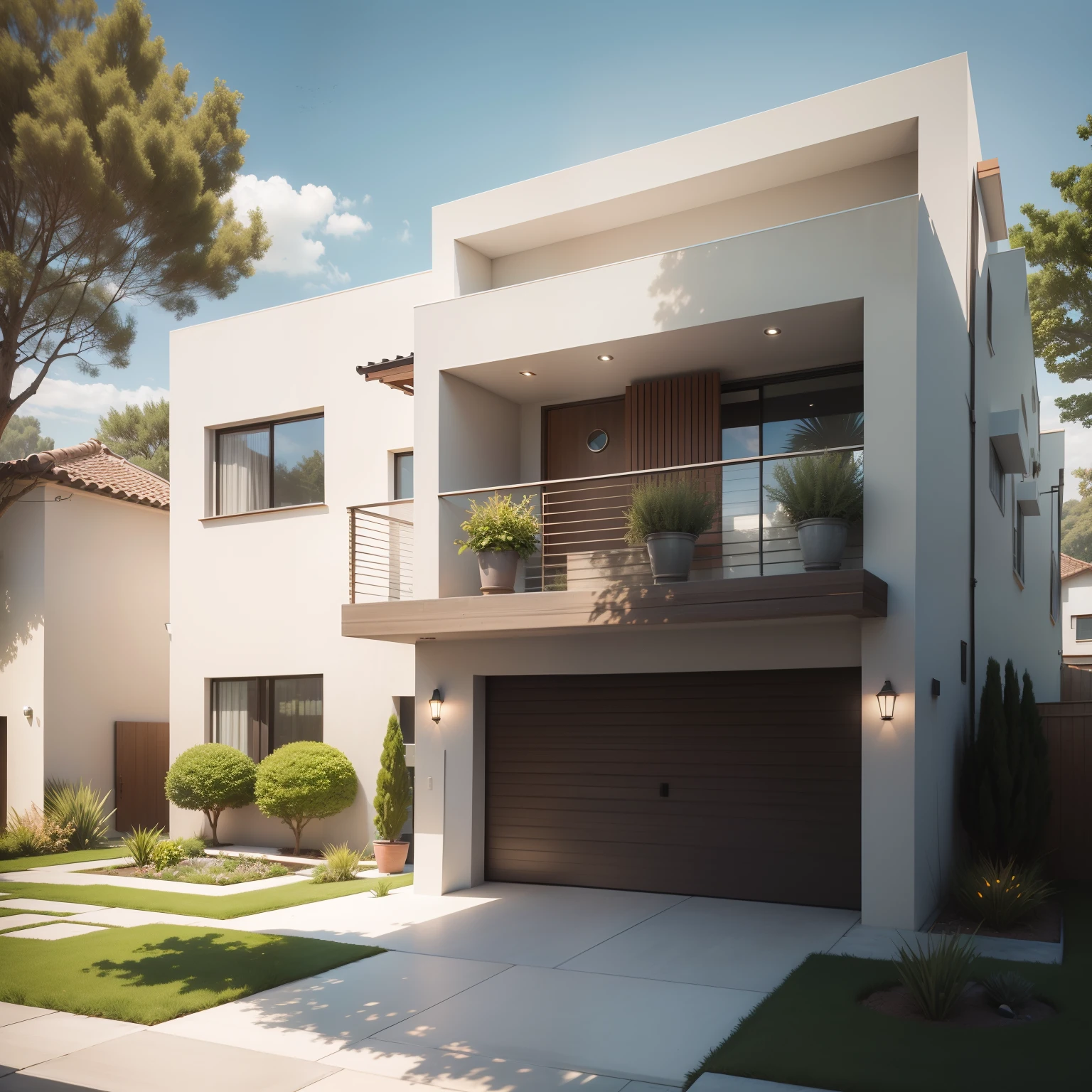 "Imagine a stunning townhouse with dimensions of 15x10 meters, cuidadosamente projetada em harmonia com a natureza circundante. The façade of the house displays a combination of modern and natural elements, com amplas paredes de vidro que capturam a beleza dos arredores e trazem a luz natural para o interior. Use a Canon camera to capture every detail of this realistic home, highlighting the perfect interplay between home design and the natural landscape. Do not forget to emphasize the presence of a lush garden, a spacious garage and the unique charm of this setting."