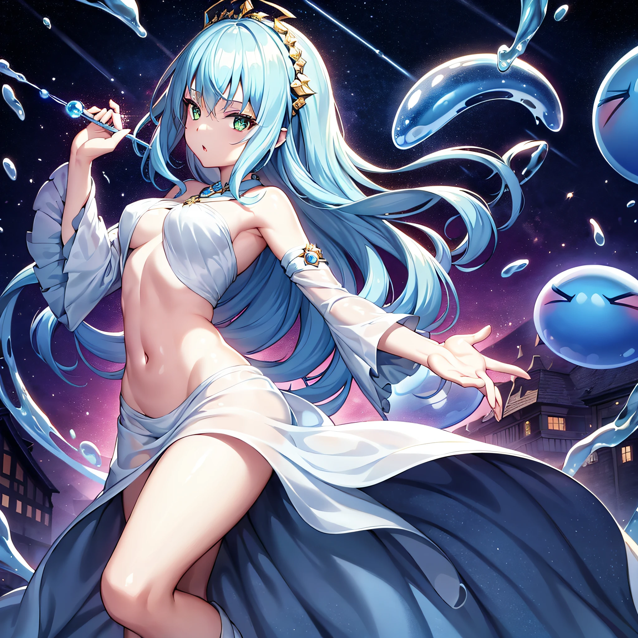 masterpiece++、top-quality++、ultra-definition++、ultra-definition++、4k++、8k++、from side、(Background Focus)++、Sexy-dressed woman casts a slime spell that destroys the city、Slime runes、Slime Balls、Slime flying over、Slime Sorcerer、Goddess of slime、detailed fantasy art、fantasy art style、Blake Beautiful Ancient Slime Witch、Queen of Slime、Fantasy Art Behans、Beautiful Celestial Sorceress、beautiful sorceress、Shiny floating slime fragments、Slime crystal、 Dazzling slime sparks、Slime chains、slimey、Slime wind blowing hair、Blake Isekai Beautiful、Slime crown、Detailed clothing、cold aura、cold face、tall body、Mature body、seductive body、medium chest、detailed beautiful faces、detailed shiny eyes、Detailed skin、Full body break、detaileds、realisitic、4K highly detailed digital art、octan render、bio luminescent、BREAK8K resolution concept art、真实感、Mappa Studio、masterpiece、top-quality、Official Art、illustratio、Ligne Claire、(cool_color)、perfect-composition、absurderes、Fantasia、Focused、thirds rule