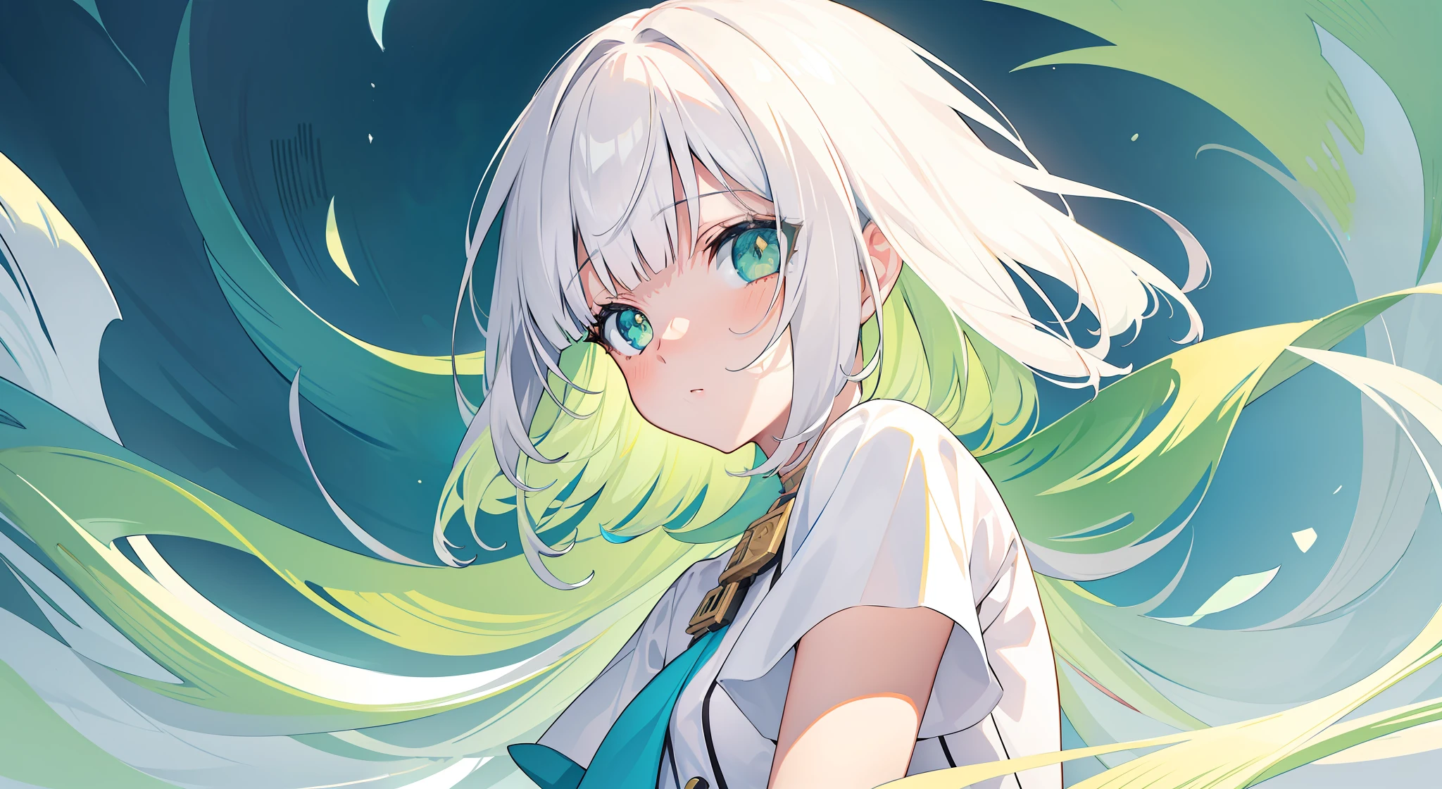 Blunt bangs, masutepiece, Best Quality, Best Illustration, Ultra-detailed, Upper body, Solo, 1 girl, Looking at Viewer, Upright, Arms at sides, Beautiful detailed eyes, Concept art, White background, Simple background, White hair, Green gradient hair, Short sleeves, watercolor pencil, deadpan, blush, Virtual Youtuber
