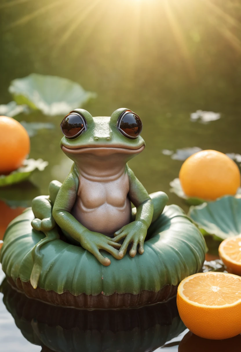 Frog with sunglasses, lying in a swimming ring drinking orange juice, in a lotus pond, 3D illustration style, Rococo pastel colors, global illumination, strong sense of sunlight, high detail, 4K