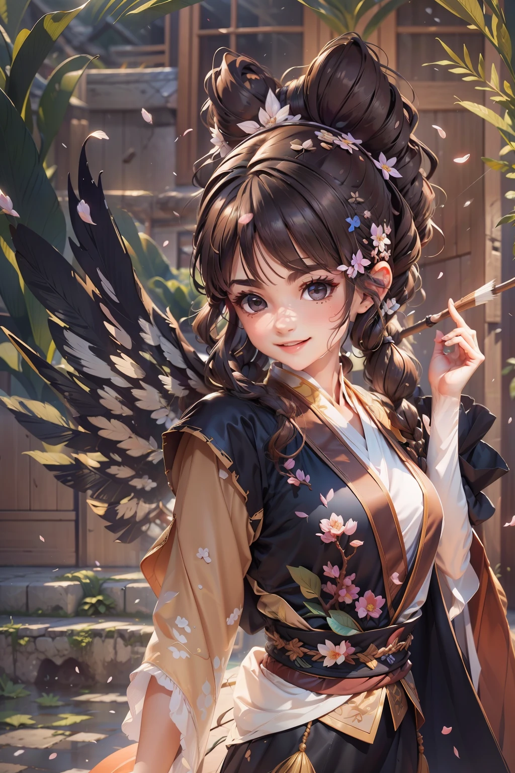 Kizi,Ink fairy,delicated,Light brown eyes,cabelos preto e longos,High ponytail,pigtails,Wings,Extreme light and shadow,Hanfu,palaces,Light,8k wallpaper,Master painting,petals,lakes,bow and arrows,grin,Black eyes,Swing, Perfect quality,Clear focus(Clutter - home:0.8), (tmasterpiece:1.2) (realisticlying:1.2) (bokeh) (best qualtiy) (detailedskin:1.3) (complexdetails) (8K) (detailedeyes) (Sharp focus),(having fun)