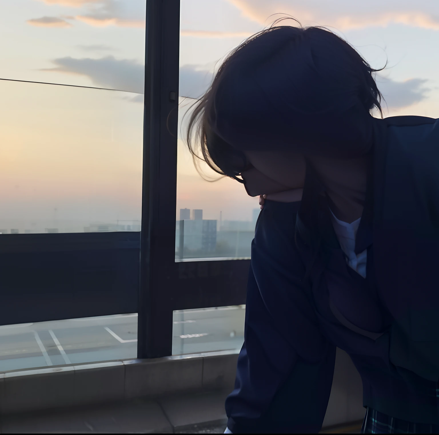 masterpiece, best quality, (1faceless boy:1.3),(boy grabbing breast:1.1),1girl .(school uniform:1.2), black long hair,brown eyes,(classroom:0.8), (sunset:0.7),(medium breasts:1.4), (sad smile:0.8)