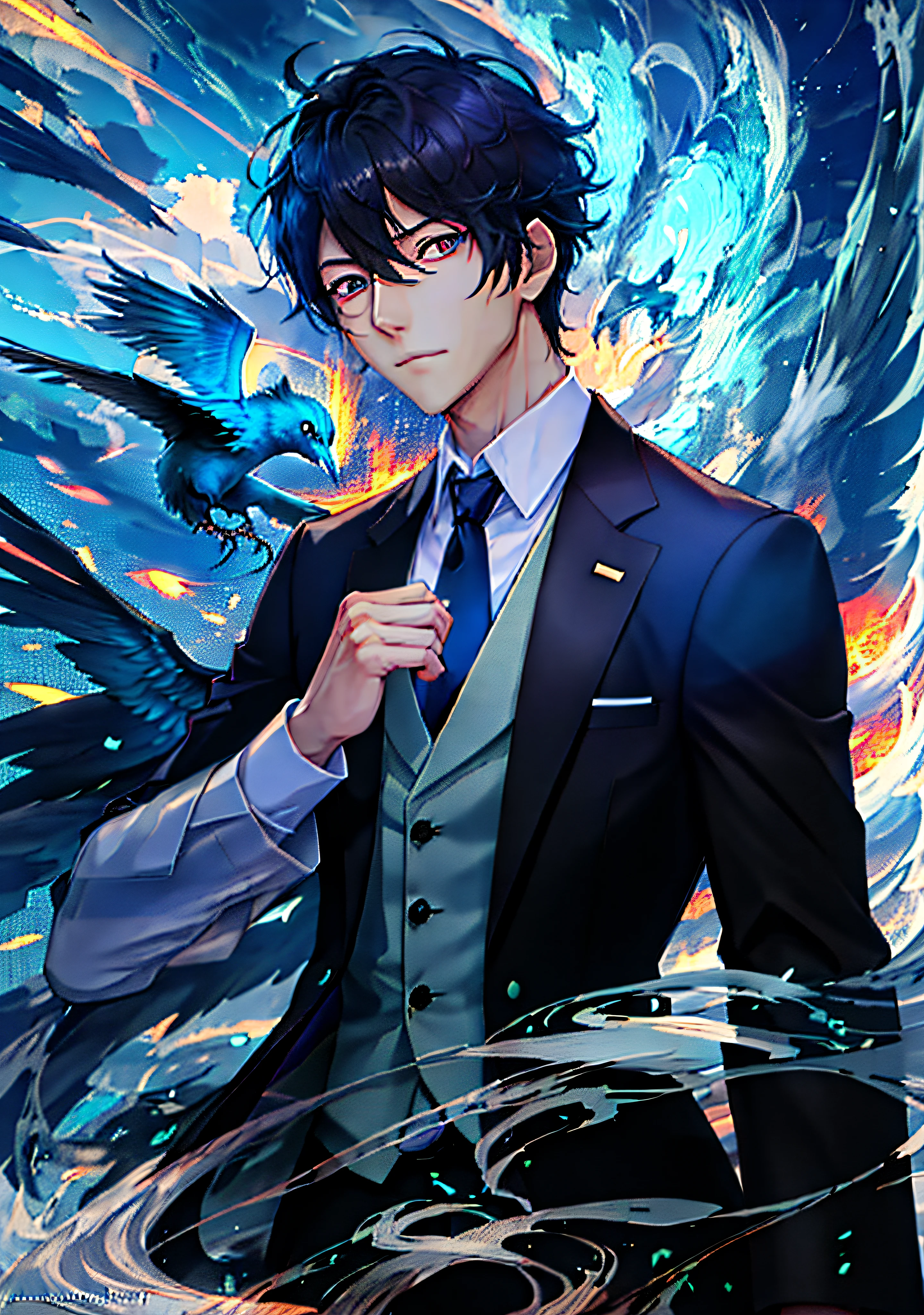 The anime character has a bird on his shoulder，dressed in a suit, Tall anime guy with blue eyes, inspirado em Okumura Masanobu, shigenori soejima illustration, Anime handsome man, Handsome anime pose, Anime art wallpaper 8 K, inspired by Okumura Togyu, Detailed digital anime art, highly detailed exquisite fanart, Anime art wallpaper 4k