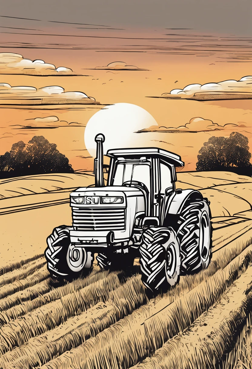 a coloring page for a kid, a tractor, The tractor is parked in a field of wheat. , The sun is setting in the background, casting a warm glow over the scene, vector style, black and white, white background, 7.5x10