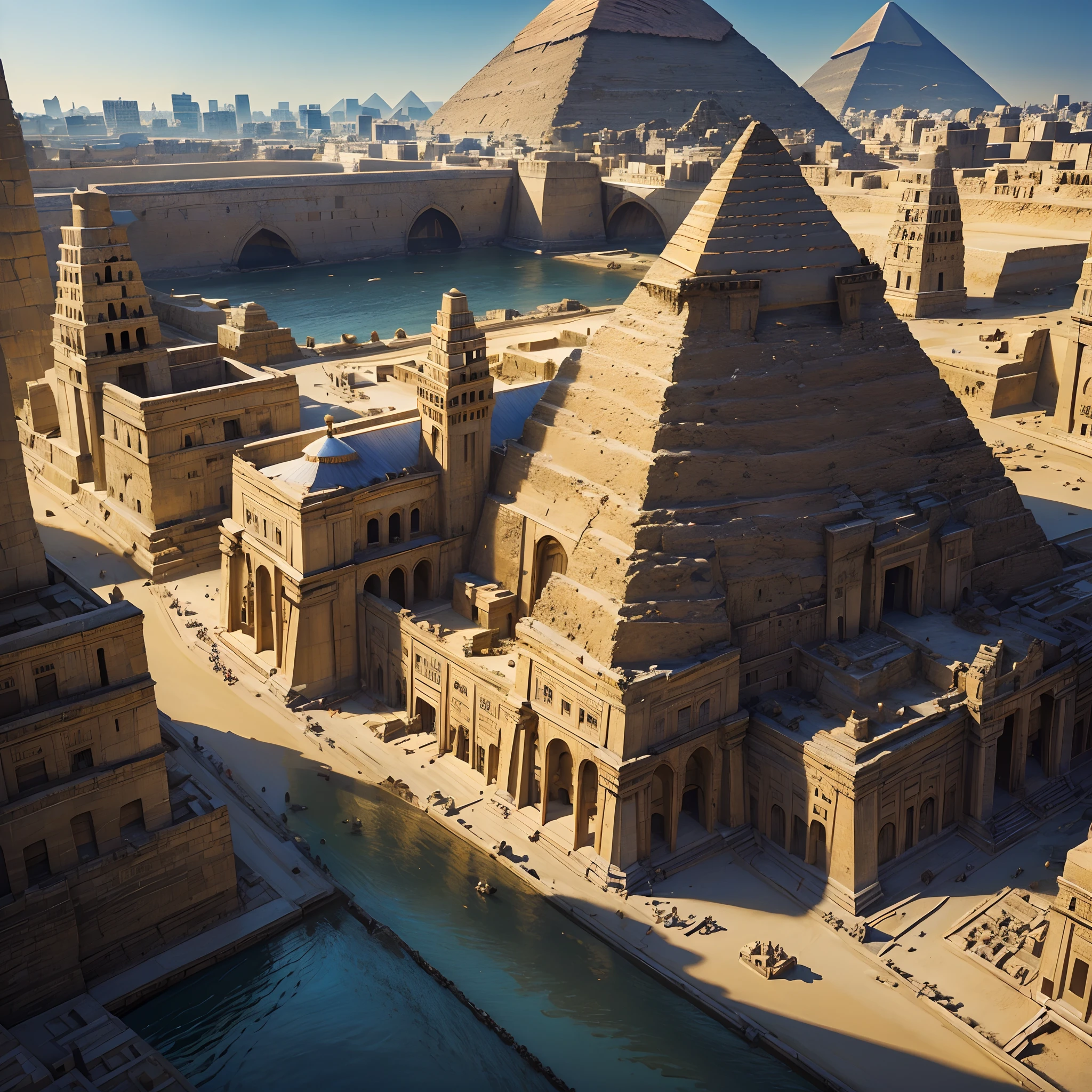 (Great Pyramid surrounded beautiful city, with lots of Egyptians strolling), landscape, water, Nile river, (16k wallpaper of extremely detailed CG unit), most beautiful works of art in the world, intricate, high detail, sharp focus, dramatic and photorealistic, OldEgyptAI