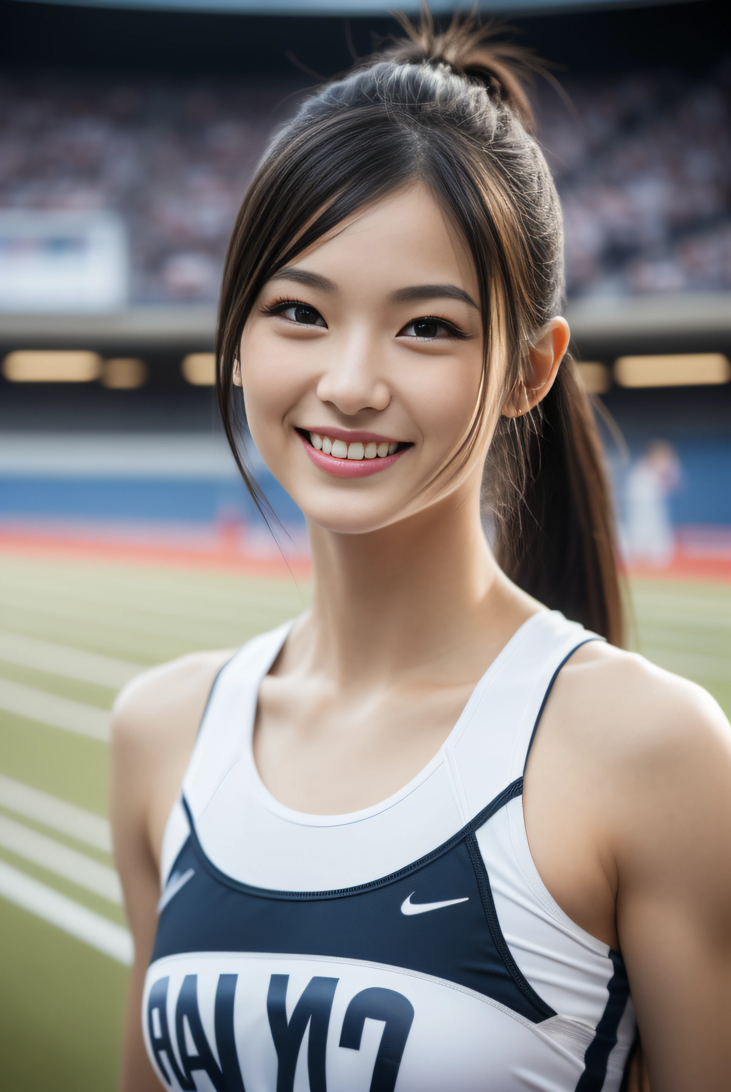 (((full bodyesbian)))、japanese beauty girl、(((track and field uniform)))、((Glossy shoulder-length black hair))、Posing、hairarmpits、Wet body、Sweaty body、Perfect style、beauty legs、kawaii、((Track & Field Athletes Women))、(((1人)))、((stadium))、Transcendent cute、A slight smil、Beautiful breasts、full bodyesbian、athletic field、((Outstanding style))、((Healthy body))、 Photorealsitic、Beautiful detailed eyes、Hyper-Realism、highcontrast、Ultra HD、realistic skin textures、Top image quality、top-quality、超A high resolution、Fine details、Very meticulously