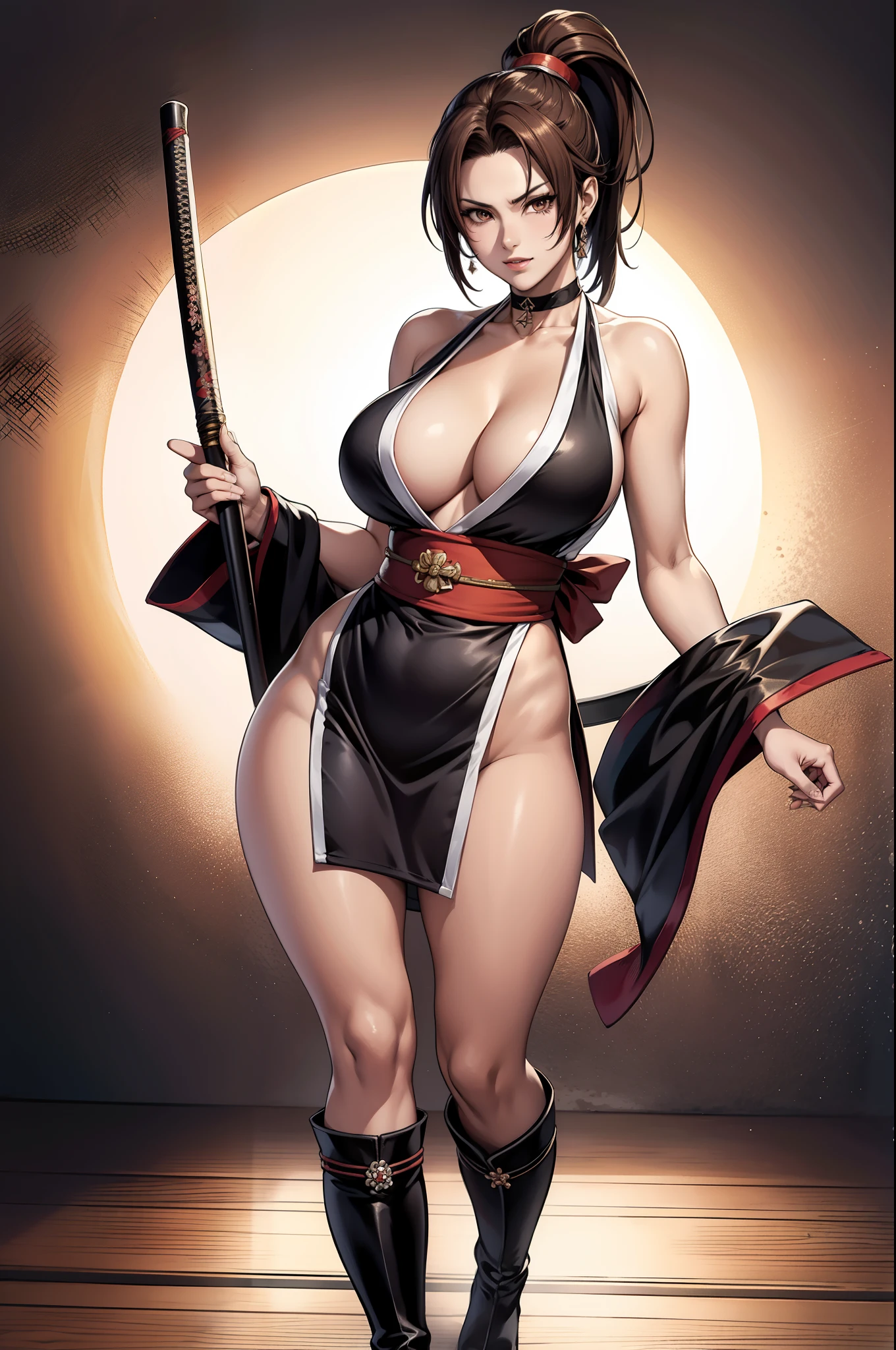 Black Dress, Sleeveless, ((mai shiranui:1.2)), Bare shoulders, Brown hair, Brown eyes, Long high ponytail, hair tie, makeup, 1 persons、25-years old, Japan mature woman, Beautiful Finger, Beautiful long legs, Beautiful body, Beautiful nose, Beautiful character design, Perfect eyes, Perfect face, Jewelry, See-through, Looking at Viewer, Hair Ornament, Choker, glareing, The King of Fighters,
(masutepiece, of the highest quality, Best Quality, Official art, Beautiful and aesthetic: 1.2), Extremely detailed, more detailed,
(moderately sized breasts:1.2,) , Floating skirt,
Japan castle, full body photographed:1.2、Knee high long boots with pin heel,Standing Pose、(having katana、dual-wielding):1.2、There is a bruise on the face that was beaten