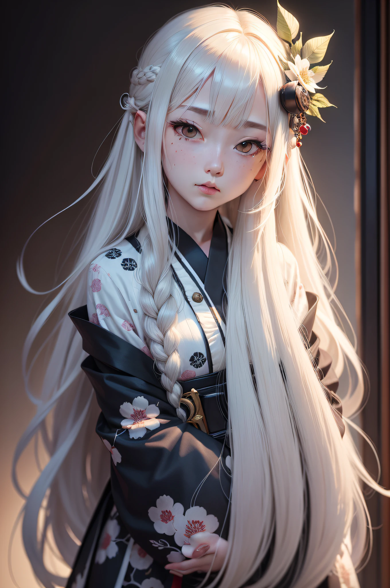 long whitr hair, kanzashi, Hairbell, shairband, leaf hair ornament, Moles under eyes, covering ears, stereograms, romanticism lain, Ukiyo-e, Impressionism, Cinematic lighting, filmgrain, Fuji colors, tachi-e, 8K, Super detail, Best quality, A high resolution, High details, Textured skin, ccurate