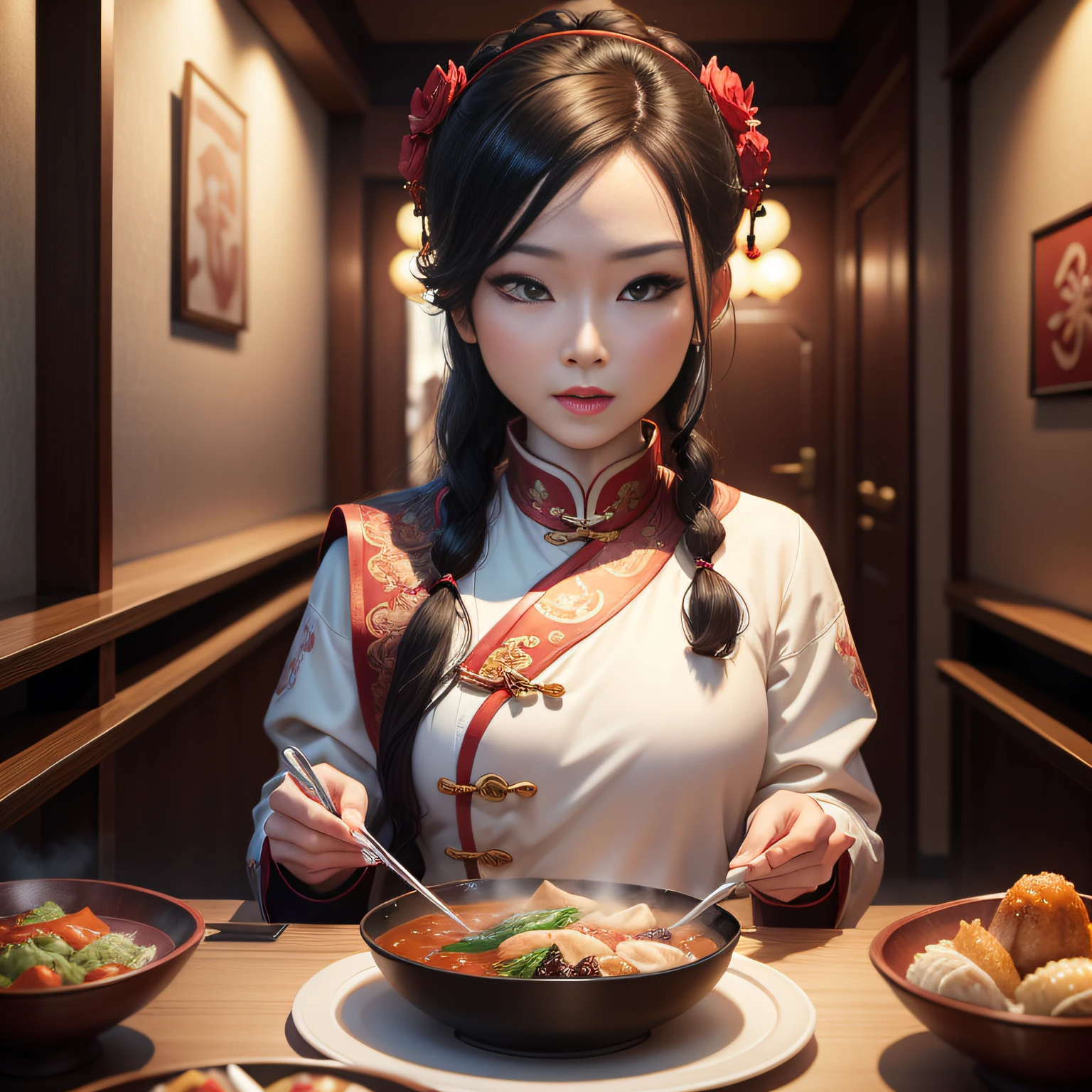 tmasterpiece,A high resolution,8K,CG animation,Detailed facial expressions,Chinese family,Chinese cuisine,At meal