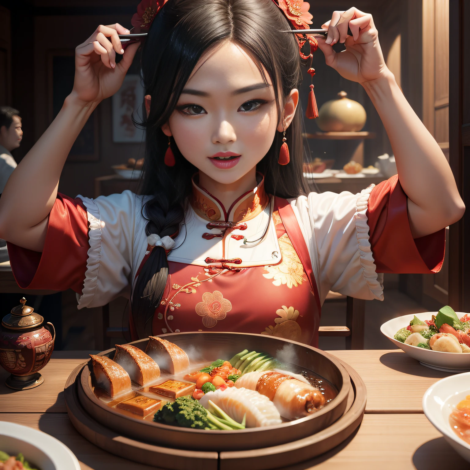 tmasterpiece，A high resolution，8K，CG animation，Detailed facial expressions，Chinese family，Chinese cuisine，At meal