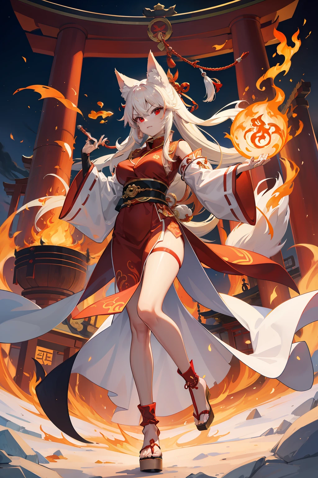 fire fox with nine tail in shrine outfit, perfect body shape, fire aura, fierce bright red pupil, tattoo