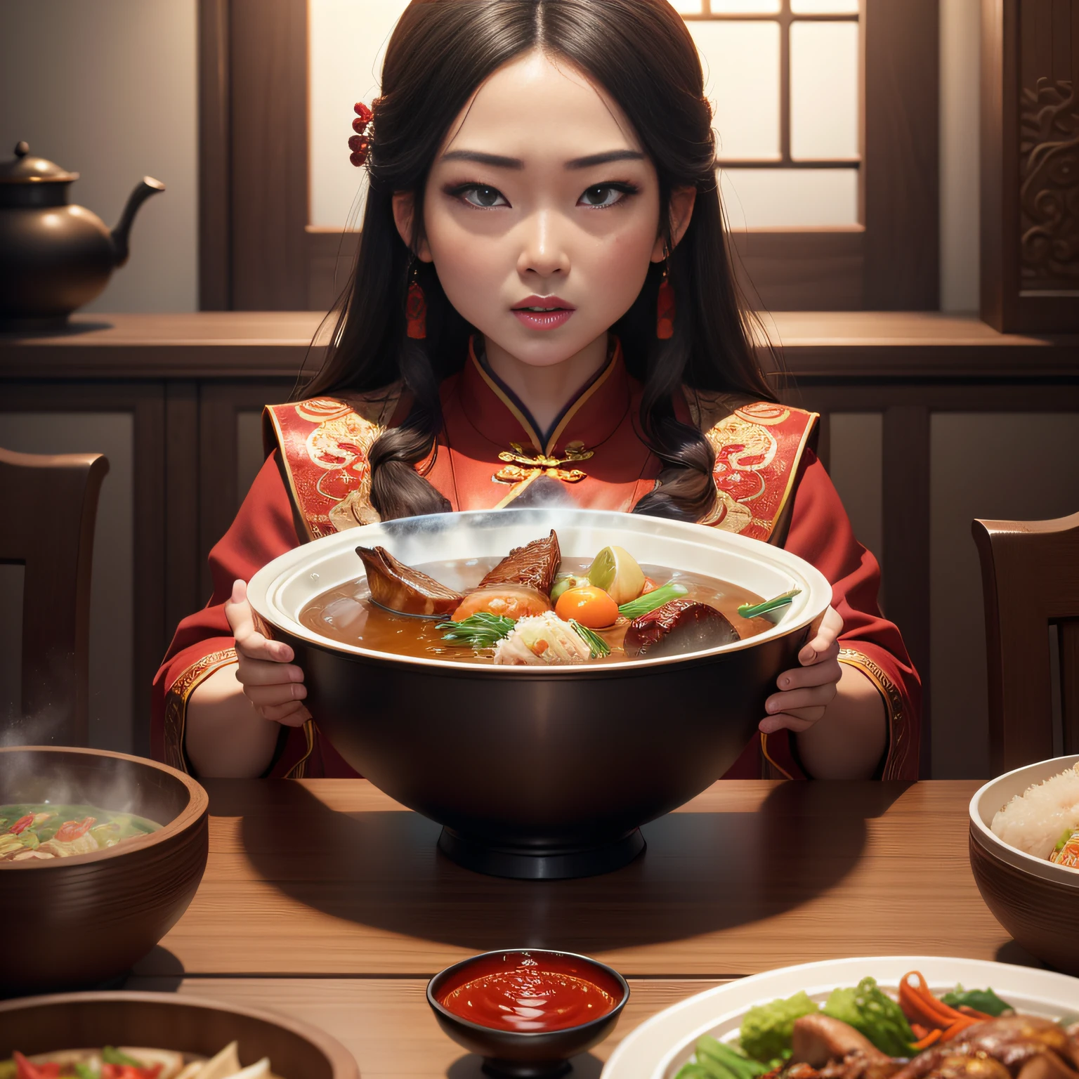 tmasterpiece,A high resolution,8K,CG animation,Detailed facial expressions,Large depth of field,A Chinese family,Chinese cuisine,At meal