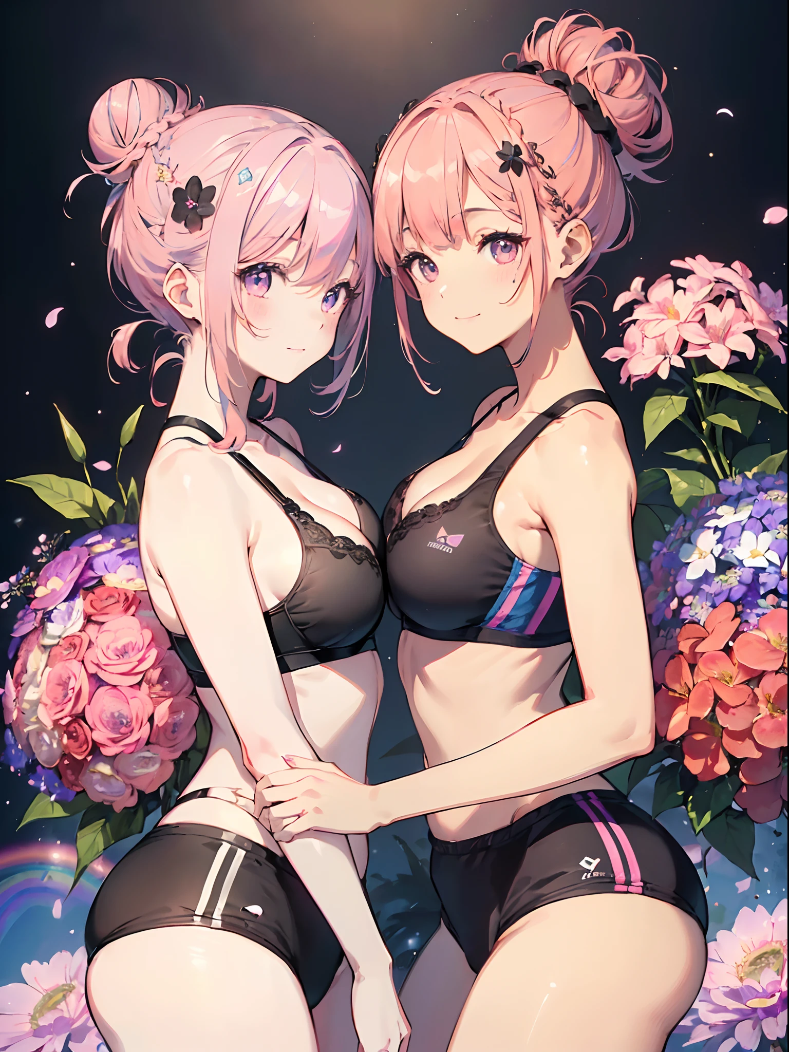 absurderes,(masterpiece、top-quality、8K ),intricate detailes,ultra-detailliert、one girls、A smile、(bbw:1.2)、(A pink-haired、rainbow color Hair:1.3),((Bun hair:1.4)),(Black Sports Bra、Black Short Spud:1.3),(Flower bouquet:1.3),Festive background、Hyper realistic,Perfect Anatomy