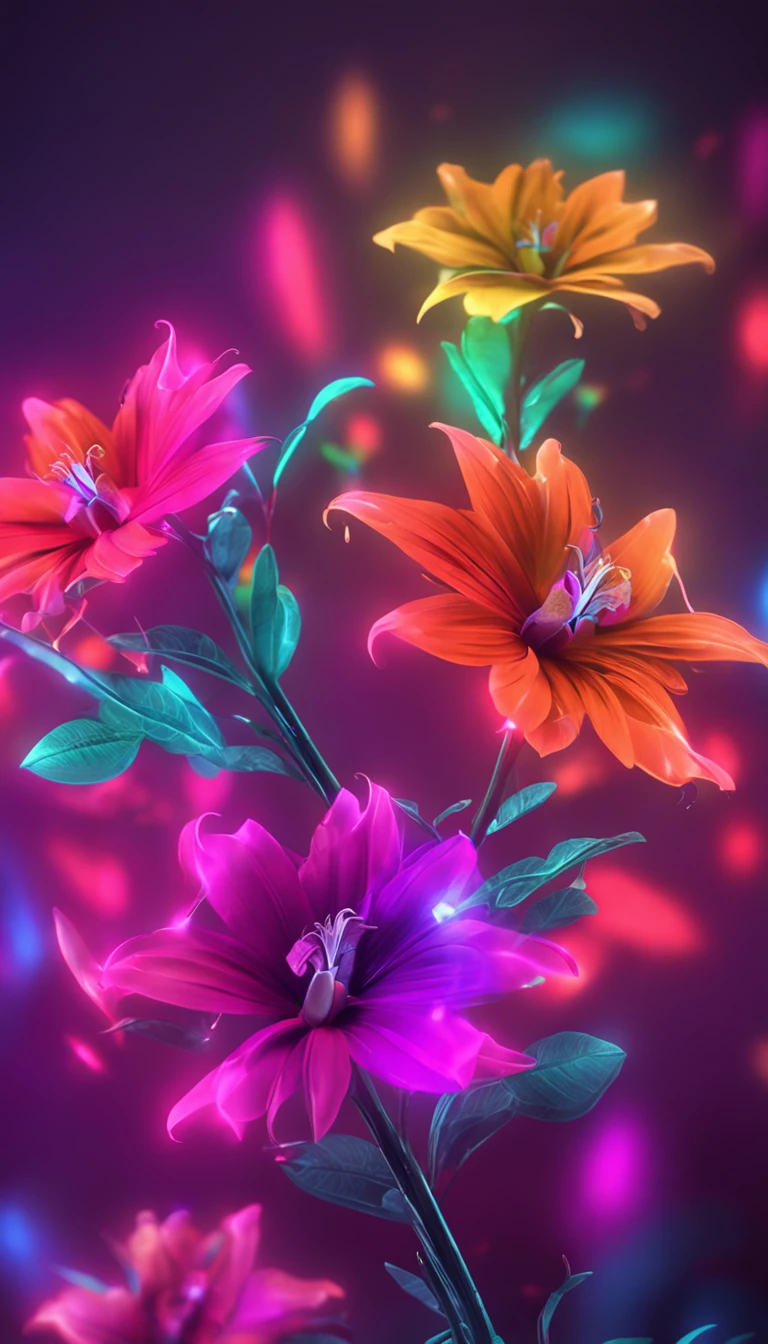 there is a flower that is sitting on a branch with leaves, magical colorful flowers, glowing delicate flower, luminous flowers, colored flowers, glowing flowers, beautiful flower, large exotic flowers, colorful flowers, with beautiful colors, colourful flowers, glowing neon flowers, colorful hd picure, hd wallpaper, magical flowers, beautiful tropical flowers, with colored flowers, depicting a flower