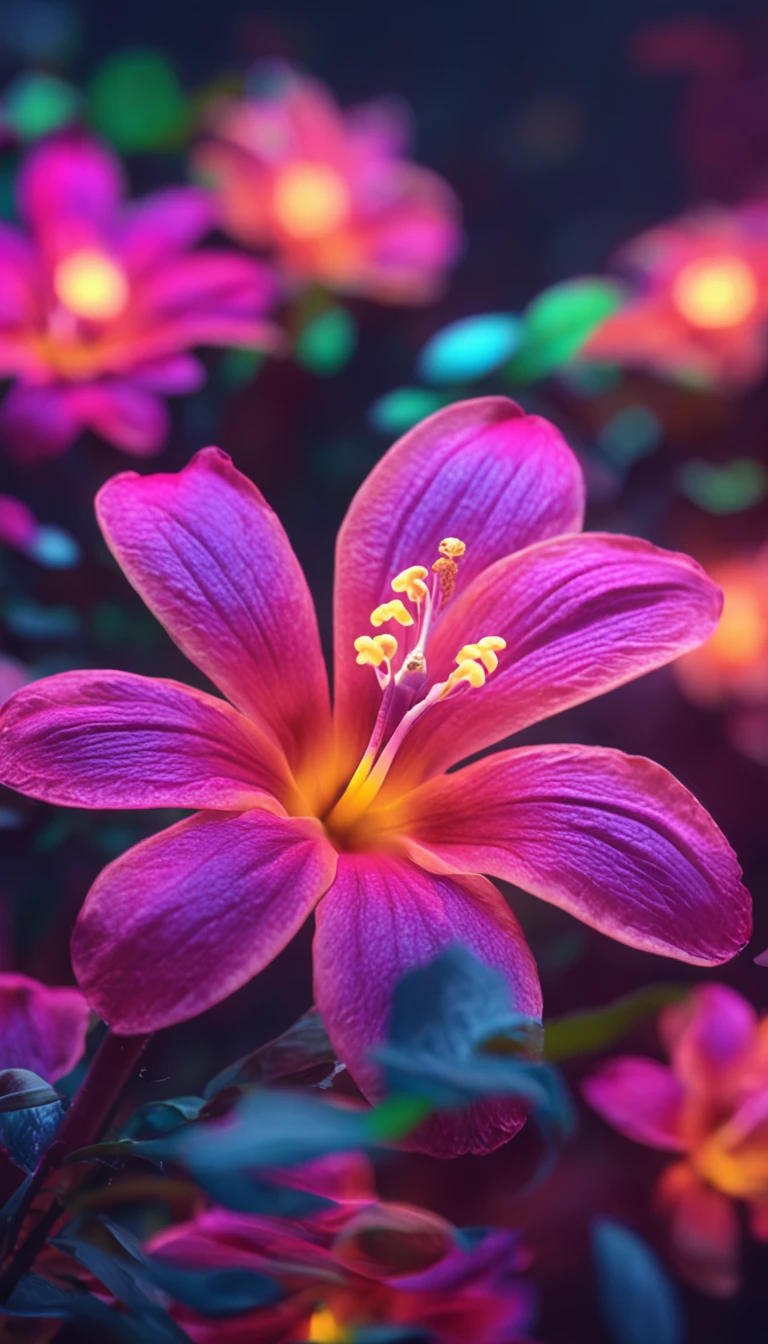 there is a flower that is sitting on a branch with leaves, magical colorful flowers, glowing delicate flower, luminous flowers, colored flowers, glowing flowers, beautiful flower, large exotic flowers, colorful flowers, with beautiful colors, colourful flowers, glowing neon flowers, colorful hd picure, hd wallpaper, magical flowers, beautiful tropical flowers, with colored flowers, depicting a flower