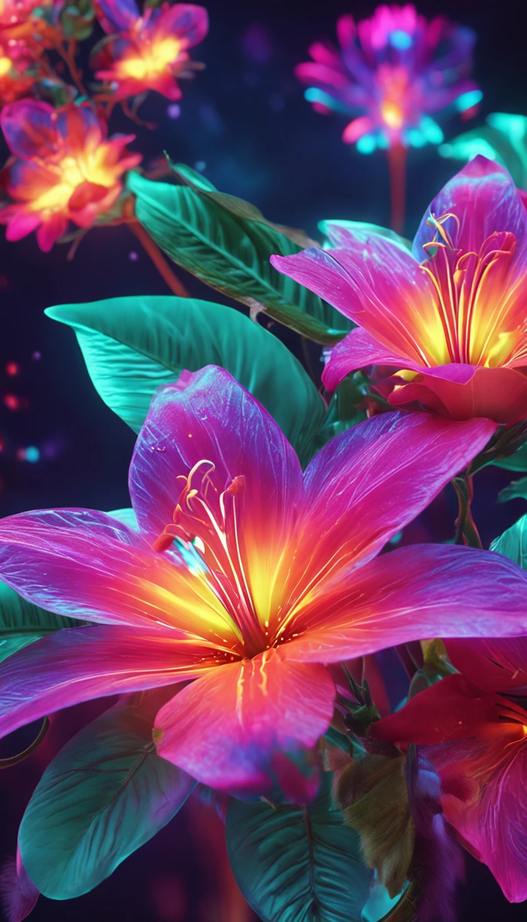 there is a flower that is sitting on a branch with leaves, magical colorful flowers, glowing delicate flower, luminous flowers, colored flowers, glowing flowers, beautiful flower, large exotic flowers, colorful flowers, with beautiful colors, colourful flowers, glowing neon flowers, colorful hd picure, hd wallpaper, magical flowers, beautiful tropical flowers, with colored flowers, depicting a flower