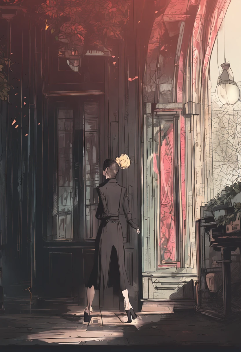 Beauty with short hair，Long black suit，Black professional hip skirt，black lence stockings，Standing upright rear view