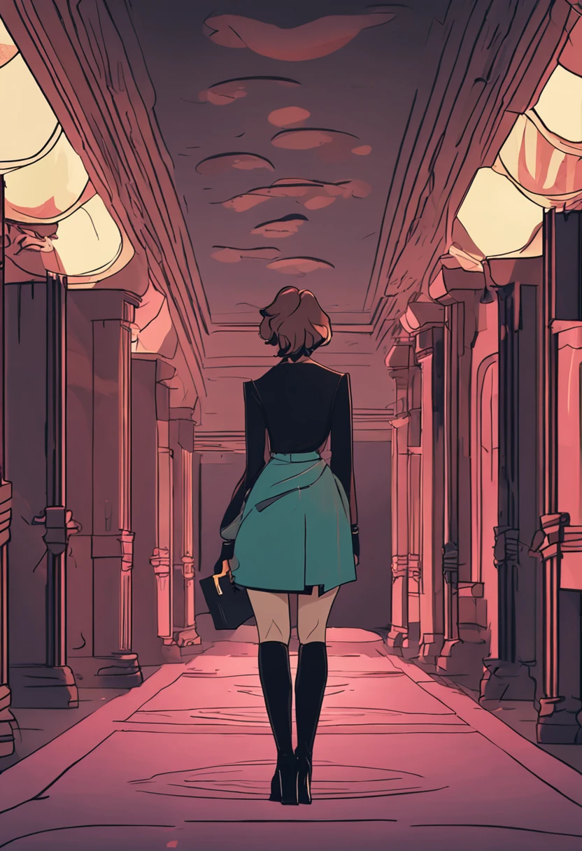 Beauty with short hair,Long black suit,Black professional hip skirt,black lence stockings,Standing upright rear view