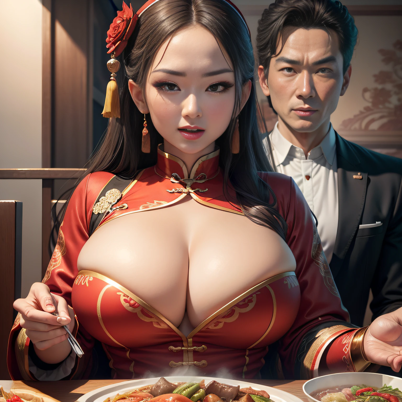 tmasterpiece，A high resolution，8K，CG animation，Detailed facial expressions，Large depth of field，Chinese big breasts（family），Chinese cuisine，At meal