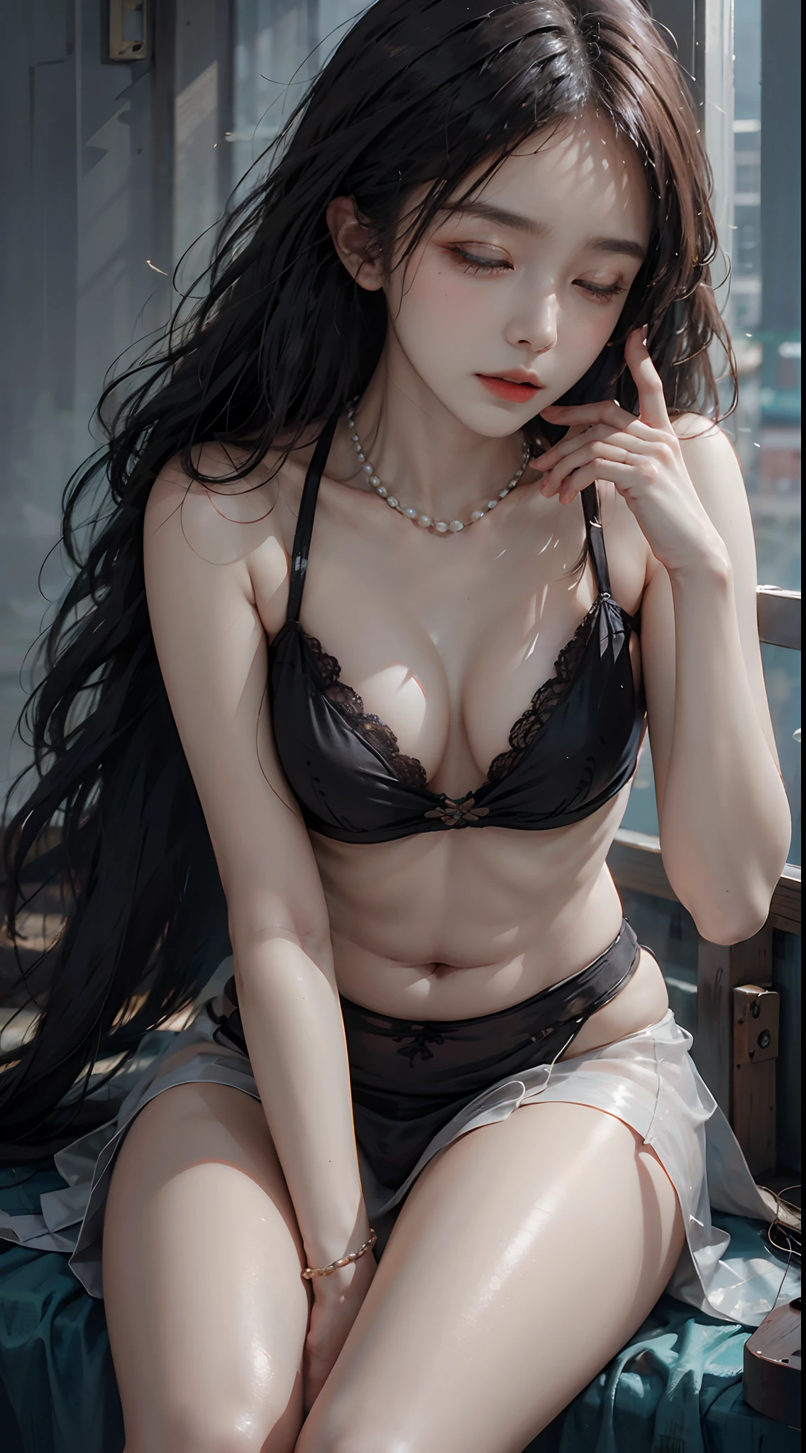 Best quality,masterpiece,ultra high res,photorealistic,raw photo,unity 8k wallpaper,(film grain:1.3),depth of field,cowboy shot,The atmosphere of loneliness and sadness,Melancholy tone,narrow waist,dynamic pose,low key,dark,night,
(Fog forest:1.2),haze,wind,long curly hair,1girl,lonely,elegant,(closed eyes:1.1),distress,black nightgown,sitting,(holding leg:1.2),frown,pearl anklet,