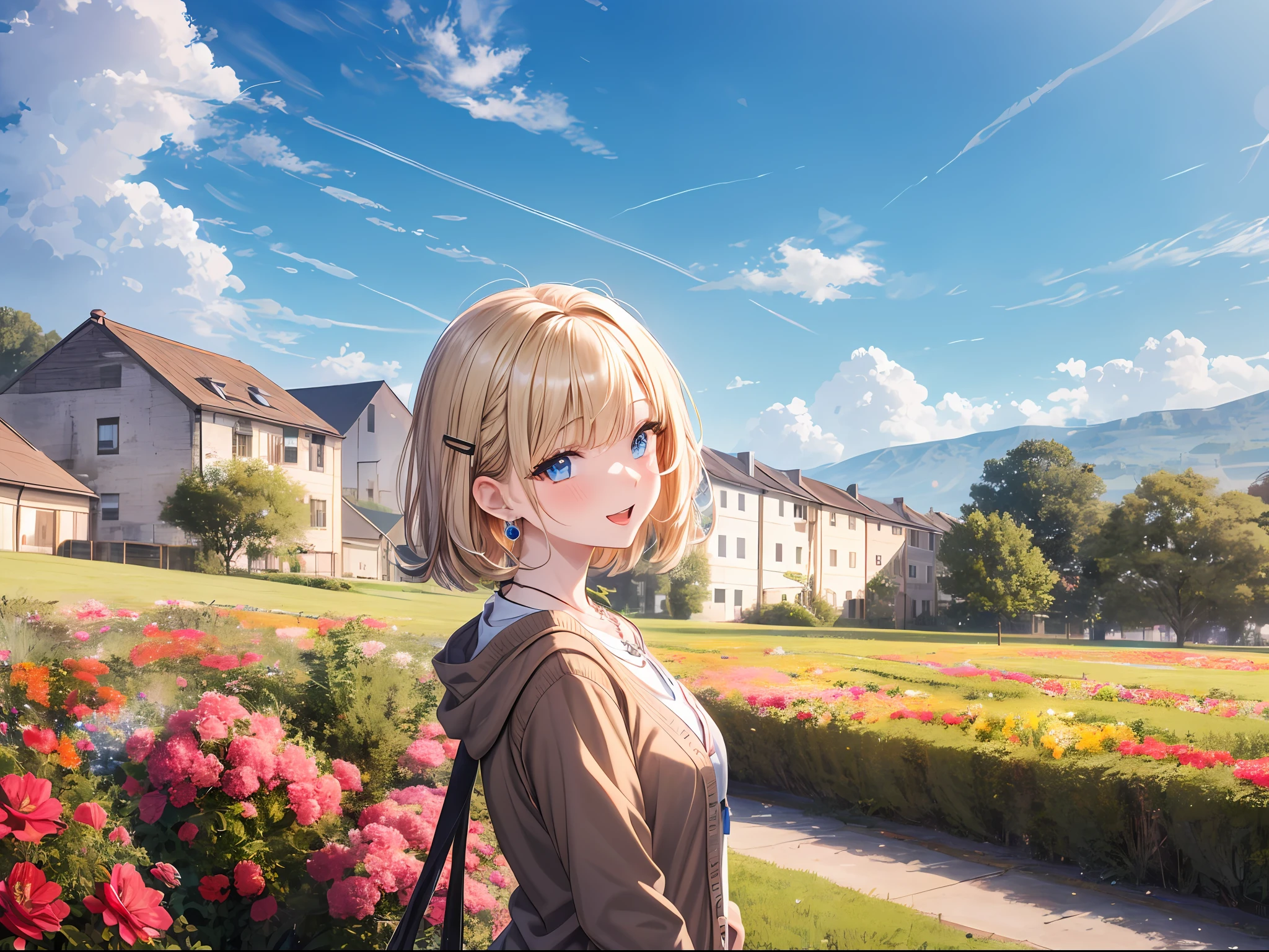 absurderes, ultra-detailliert,bright colour, extremely beautiful detailed anime face and eyes, view straight on, ;D, shiny_skin,25 years old, Short hair, , asymmetrical bangs, Blonde hair with short twin tails, Shiny hair, Delicate beautiful face, red blush、Blue eyes, White skin, hair clips, earrings, a necklace, Cardigan, Clothes, Brown clothes,