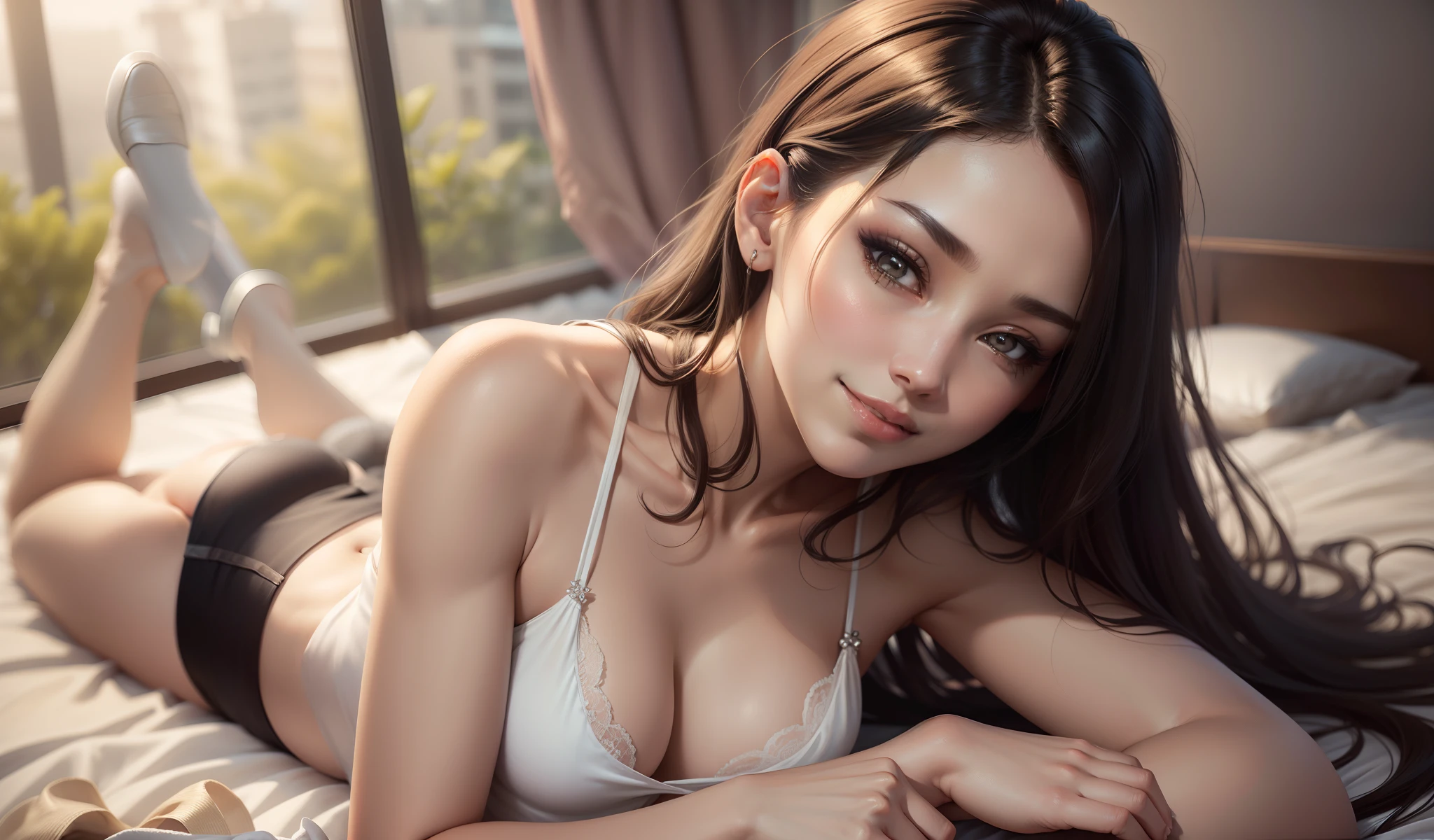 Seductive, charming, seductive, tall and thin beauty goddess ,), lying on pink blanket, long legs, evening hotel window (original photo, realistic: 1.8) (beautiful detailed girl, extremely detailed eyes and face: 1.2) (best quality, masterpiece, illustration, extremely refined and beautiful, extremely detailed, CG, unity, 8k wallpaper, amazing, fine details, best quality, oriental art: 1.3) slip dress, firm breasts, smile, swimsuit, crop top, panties, abs, Arafed Woman ponytail and camisole with slippers, beautiful and delicate face, white skin, real skin, (detail face), goose egg face, pores, super high resolution, 8k,spread legs,