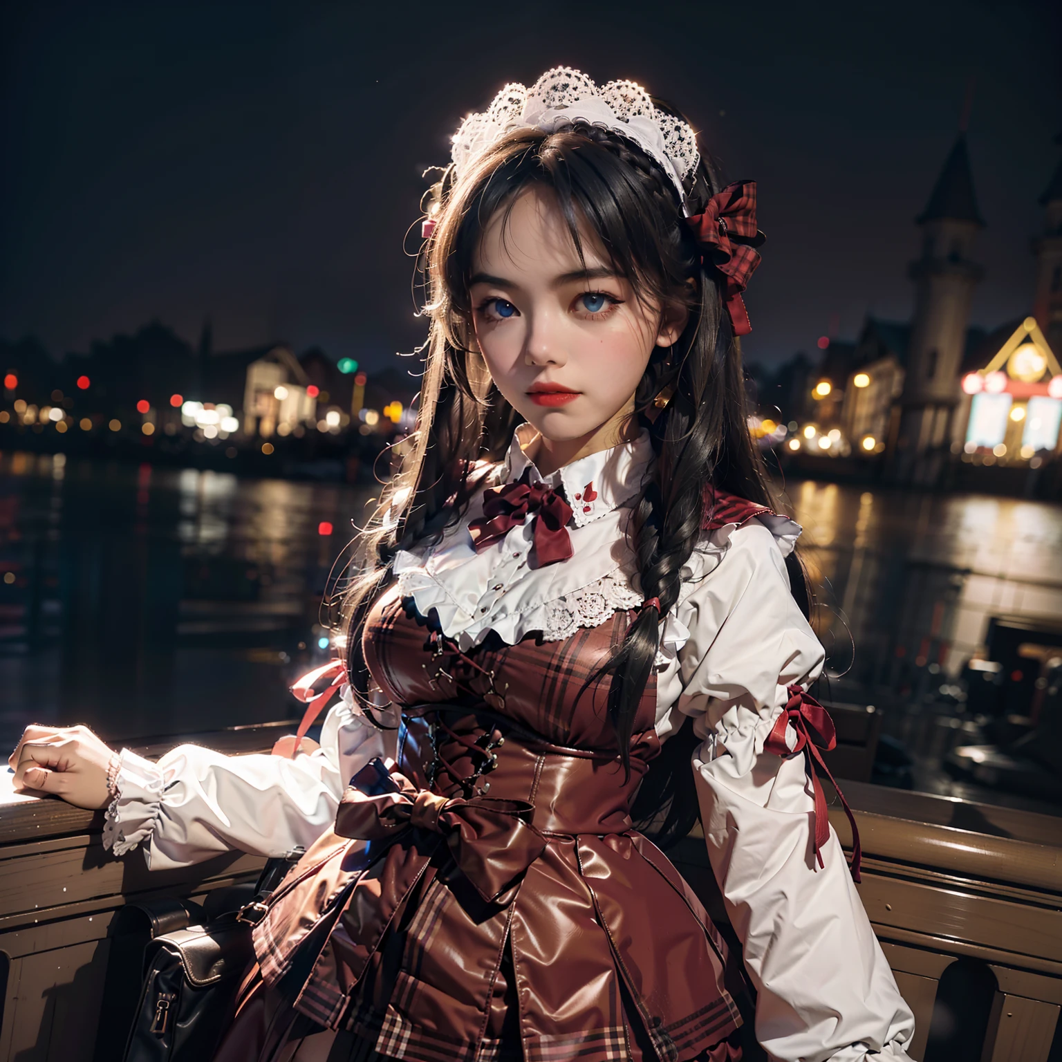 Faraway view,1 girl,Wearing a lolita costume,Night view of the city in winter